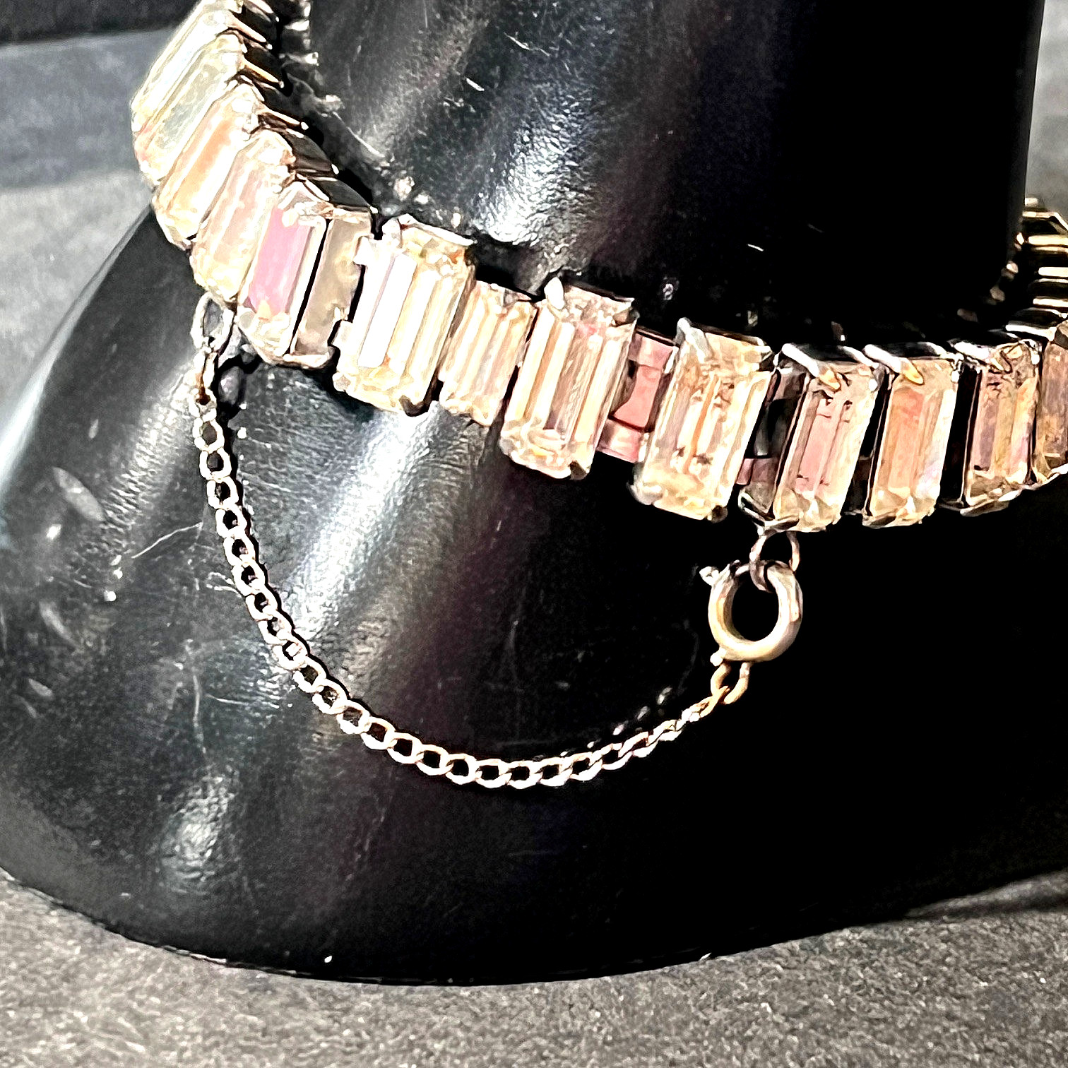 Vtg Wide Rhinestone Tennis Bracelet Box Clasp Safety Chain Octagon Cut Stones