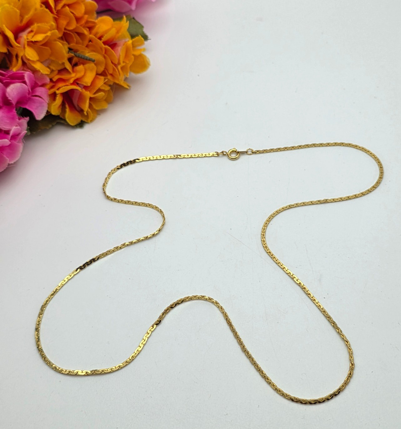Vintage Gold Tone Herringbone Chain Necklace 23.5 in Classic Minimalist 1.6mm