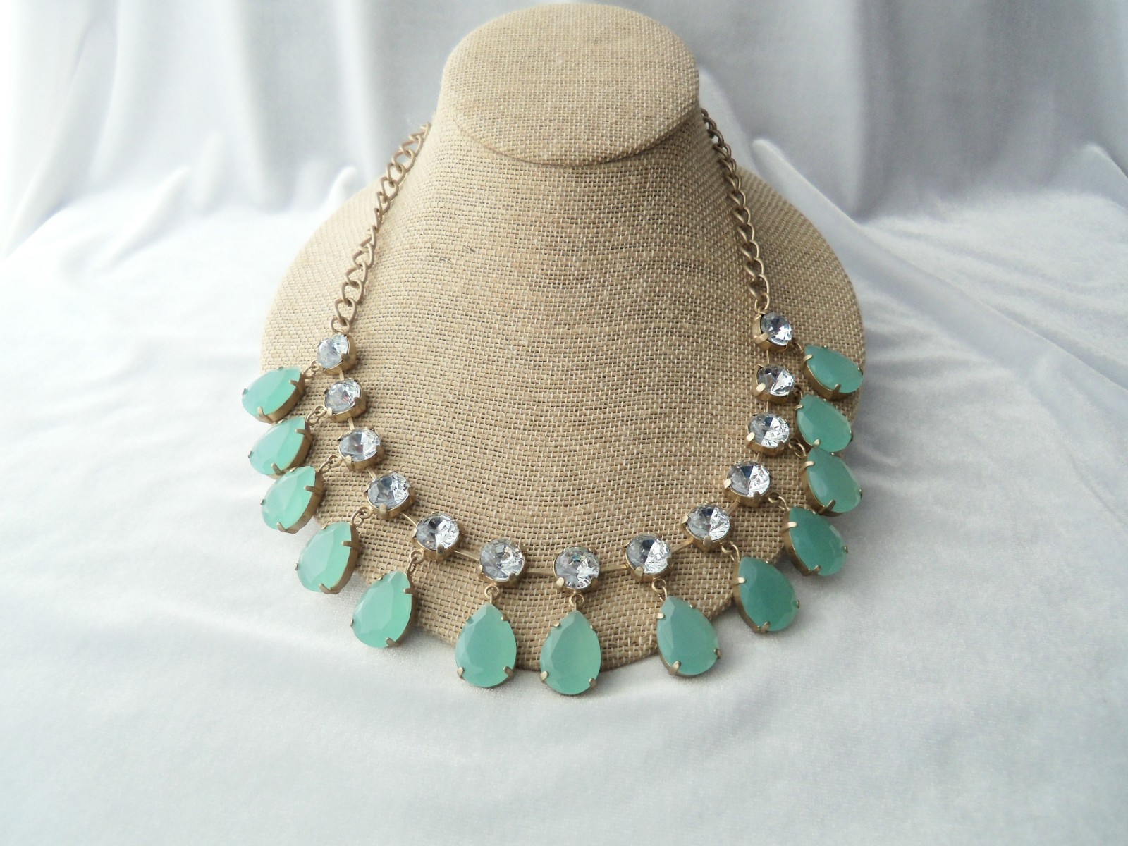 Danielle Stevens Mint Green Lucite Crystal Stones Fringe Bib Statement Necklace