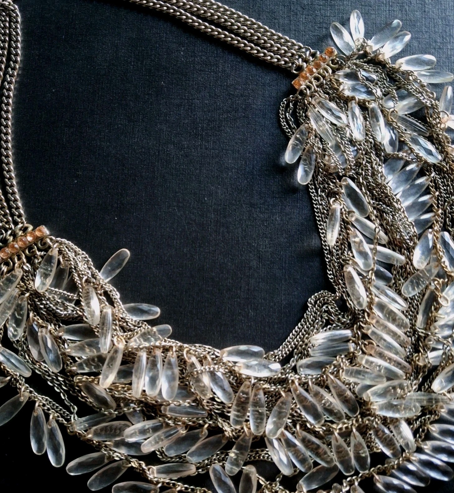 VTG Statement Bib Necklace Multi-Strand Fringe Featuring Clear Lucite Teardrops