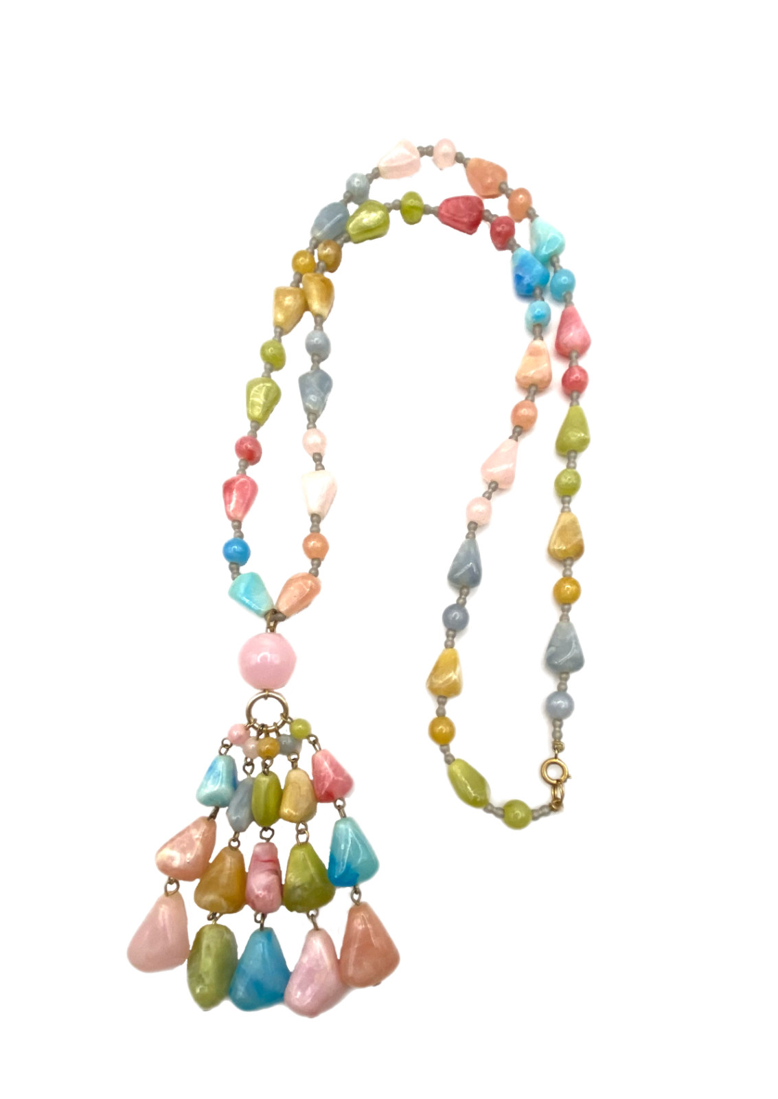 Vintage Chunky Pastel Multi-Color Beaded Tassel Pendant Necklace Plastic 30″