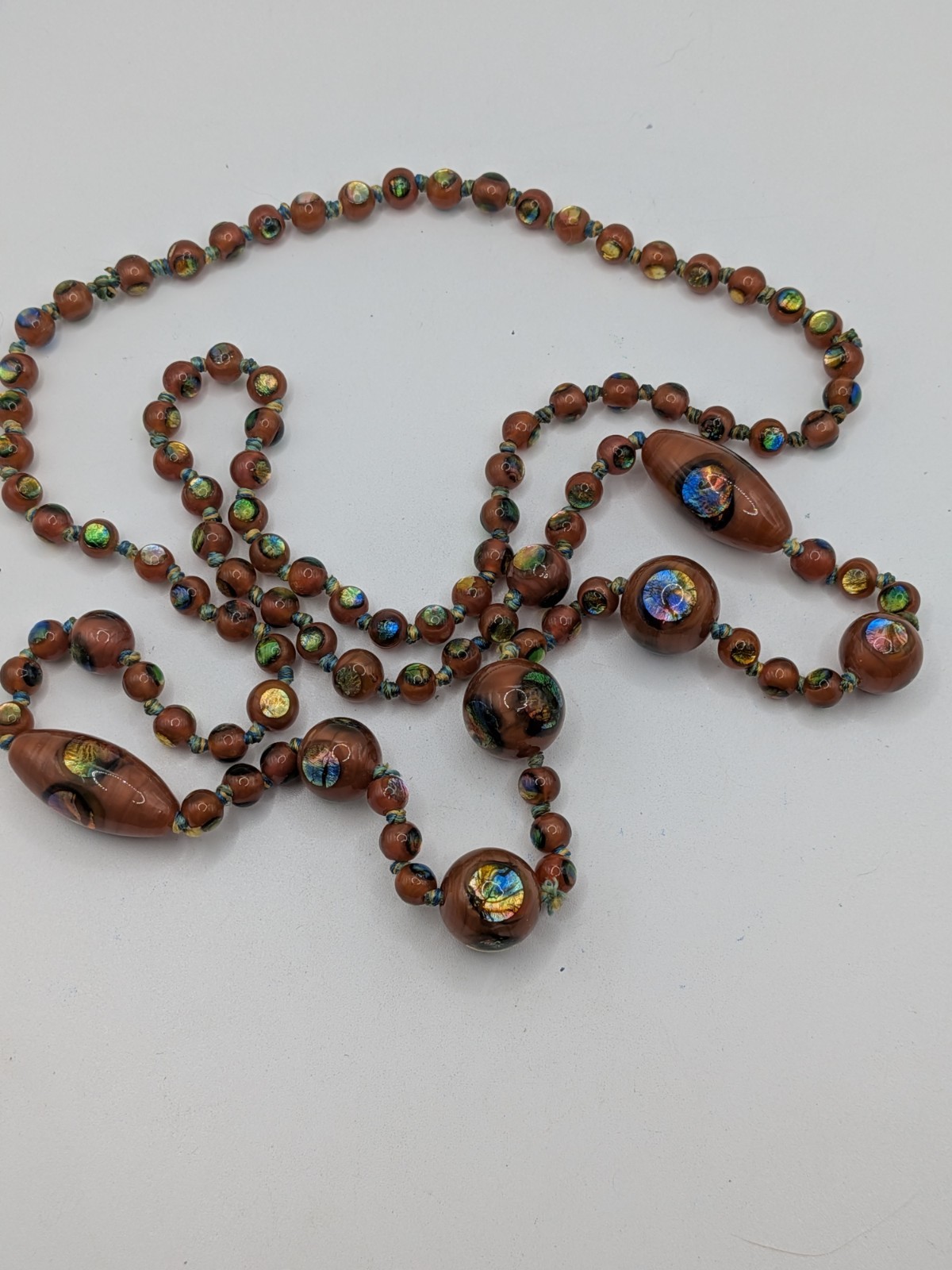 Art Deco Antique Czech Glass Rainbow Foil Peacock Eye Bead Necklace Brown Read