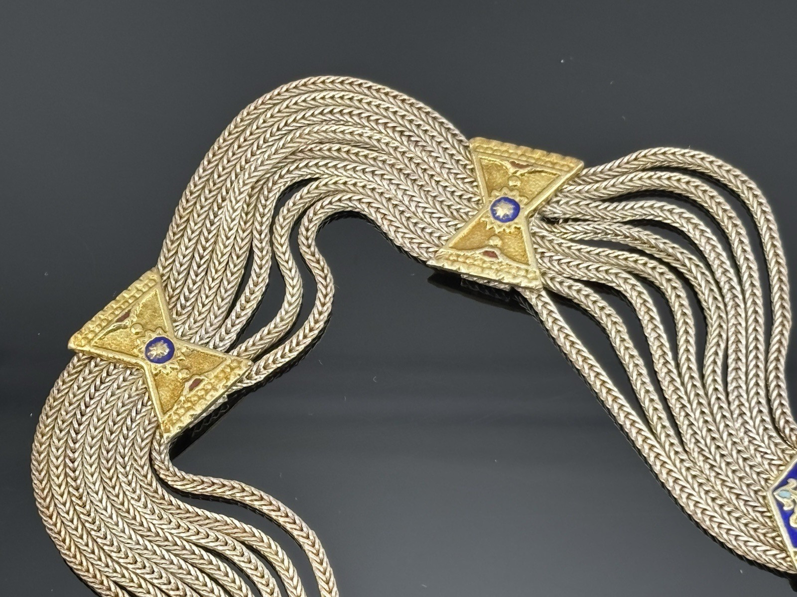 Vtg Anatoli Sterling Silver Enamel Necklace Gold Vermeil Station Pendants 17″
