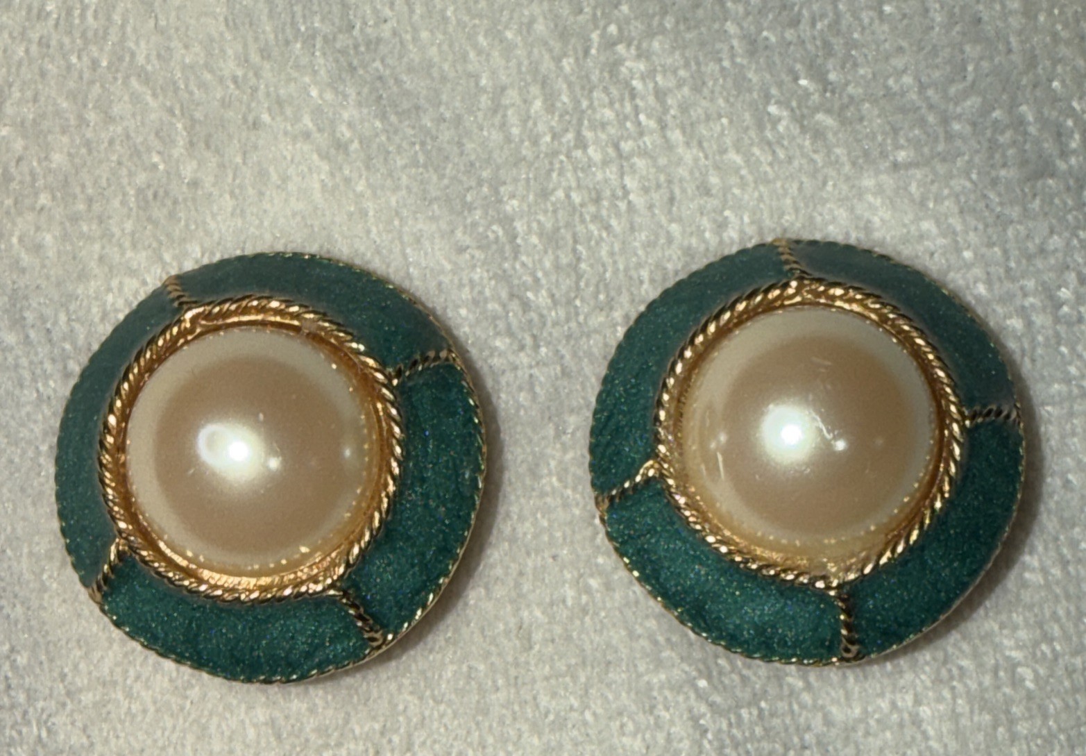 Vintage Gay Boyer Green Enamel Faux Pearl Gold Accent Clip-On Earrings