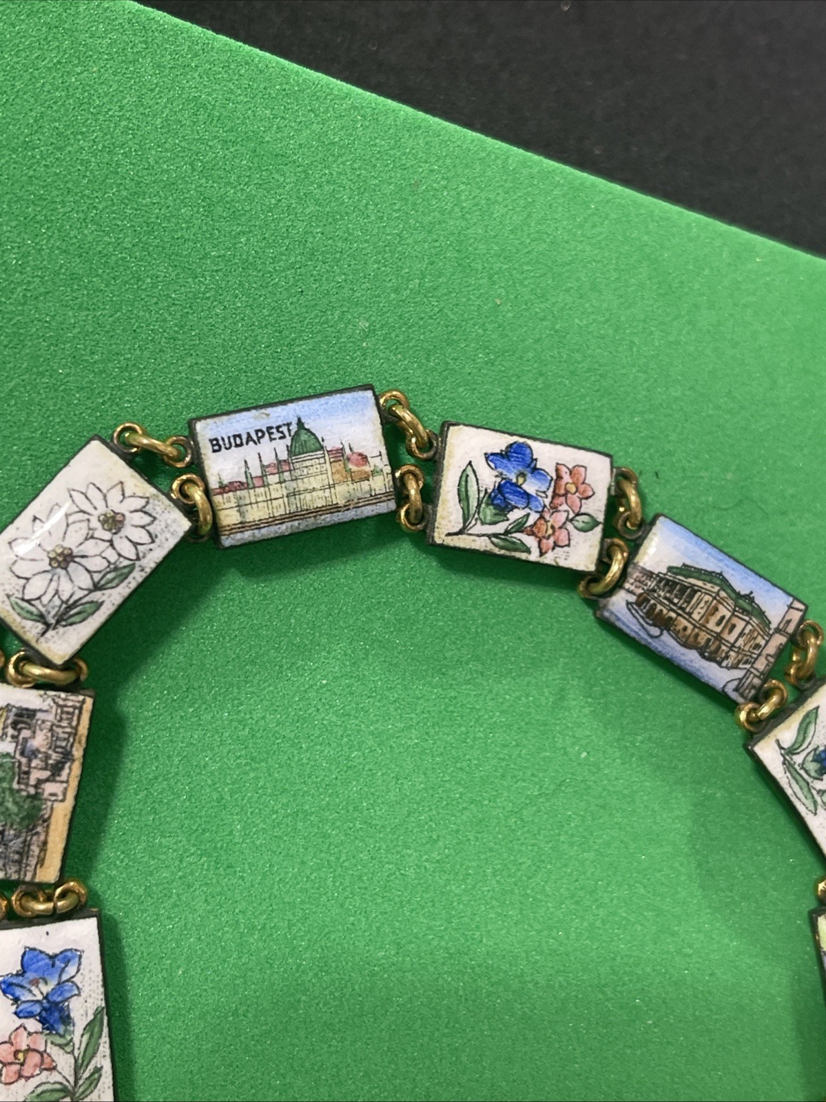 Vintage Enamel Budapest Souvenir Bracelet Showing Buildings & Colorful Flowers