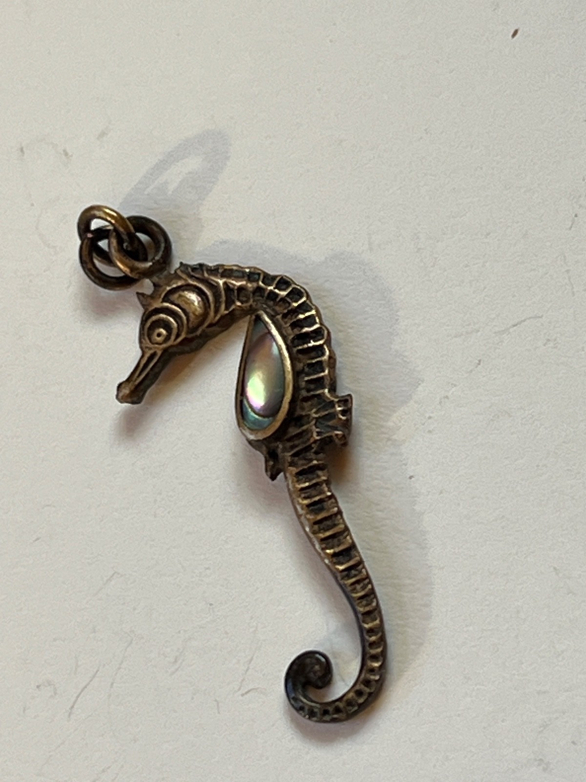 Small Antique Goldtone Seahorse w Small Abalone Accent Pendant – about 1 and 1/8