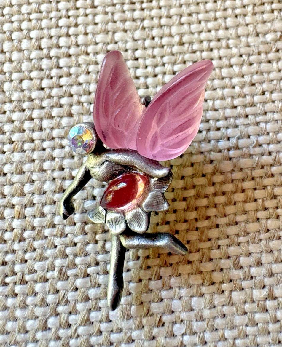 Vintage Ballerina Angel Pewter Brooch Pin Pink Lucite Wings 1 1/2 Inch