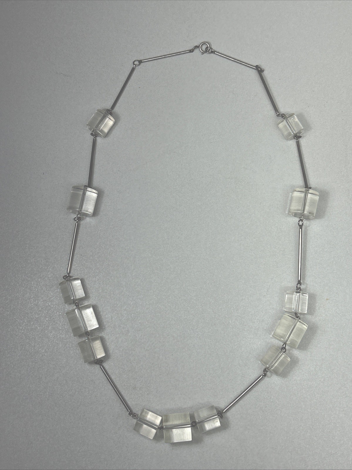 Clear Cylinder Shape Lucite Beaded Metal Necklace