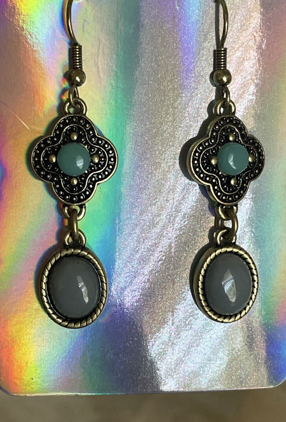 Bohemian Style Antiqued Finish Blue Drop Dangle Pierced Earrings