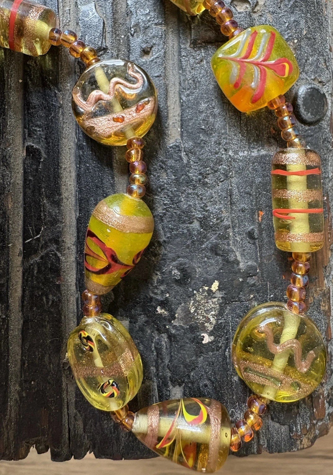 Vintage Hand Blown Glass Beaded Necklace 24”Iridescent Yellow Gold Black Red MCM