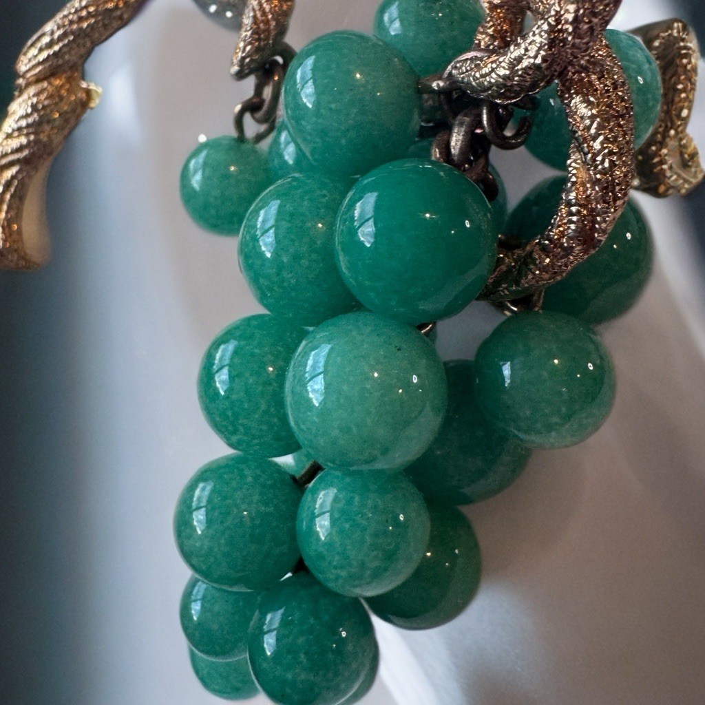 Vintage Grape Brooch Green Glass Beads Gold Tone Vine Mid Century