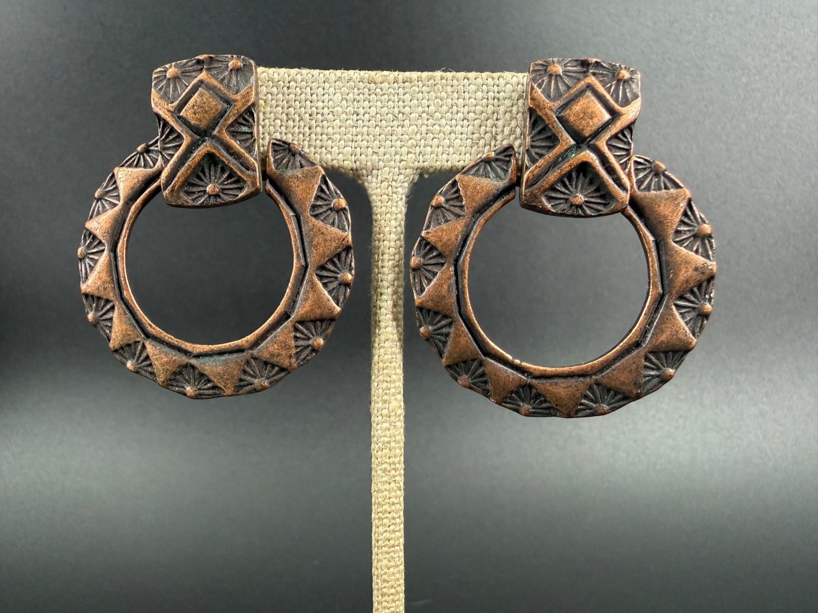 Vintage Southwestern Copper Tone Hoop Earrings Tribal Statement Door Knocker