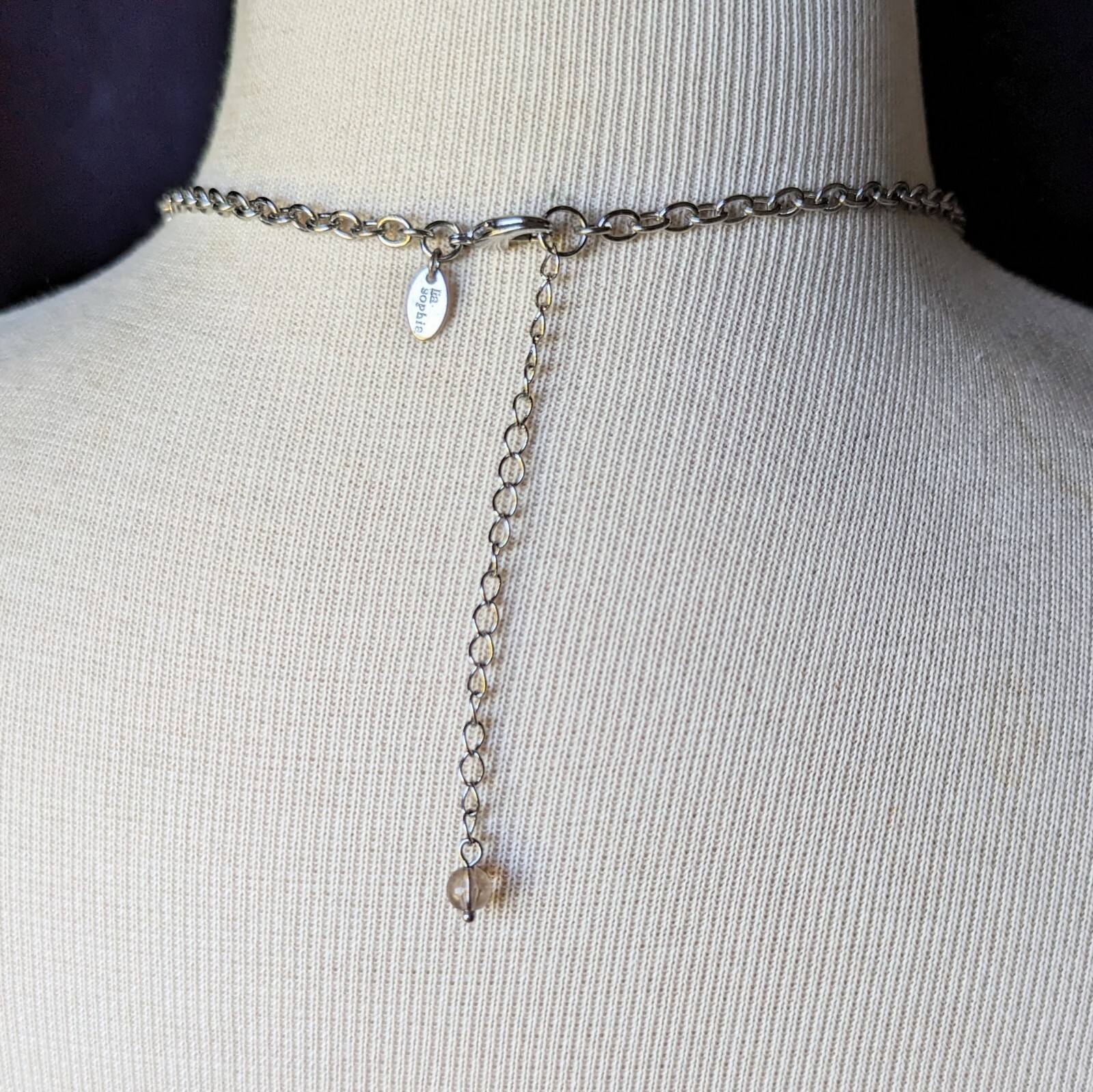 LIA SOPHIA Silver Tone Necklace 36″ + Blue Shell Circle Brown Smokey Glass Beads
