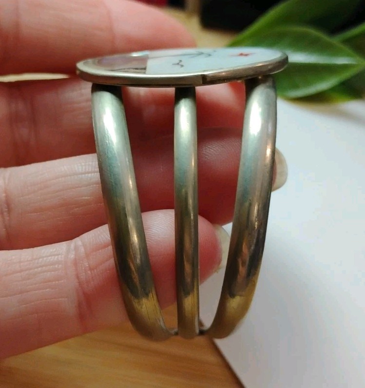 Vintage ABALONE/Mop Inlay Serene Tropical Beach Scene Silvery Cuff Bracelet!
