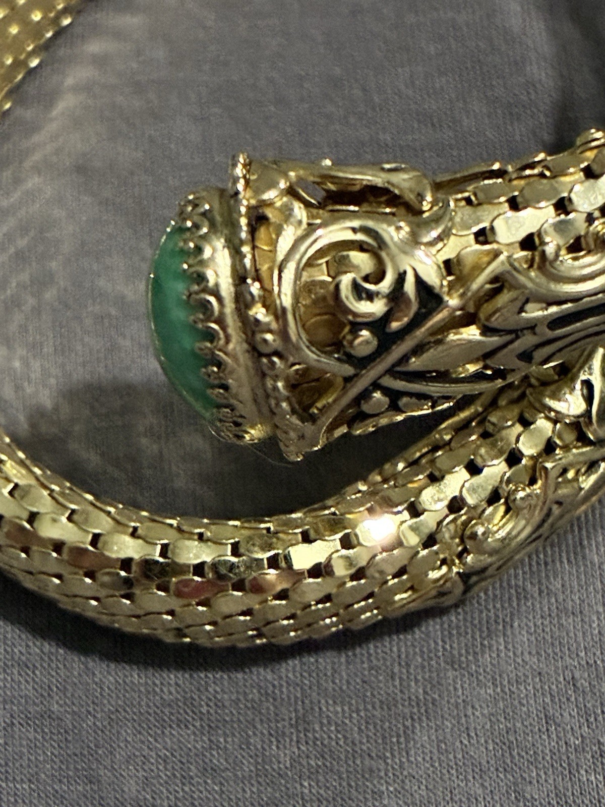 Vintage Whiting & Davis Mesh Snake Wrap Bracelet Green Peking Glass Cabachon