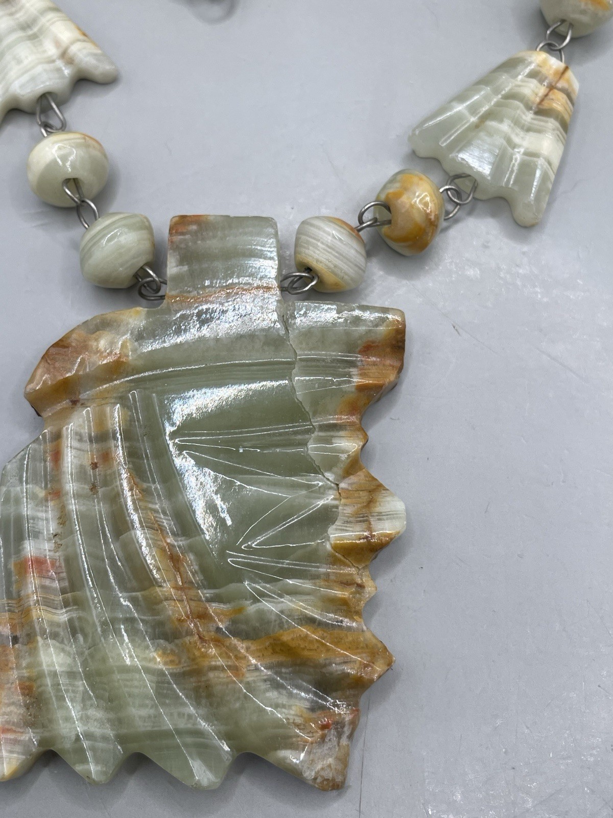 Vintage READ! Mexican Multicolor Onyx? Aztec Carved Pendant Beaded 29” Necklace