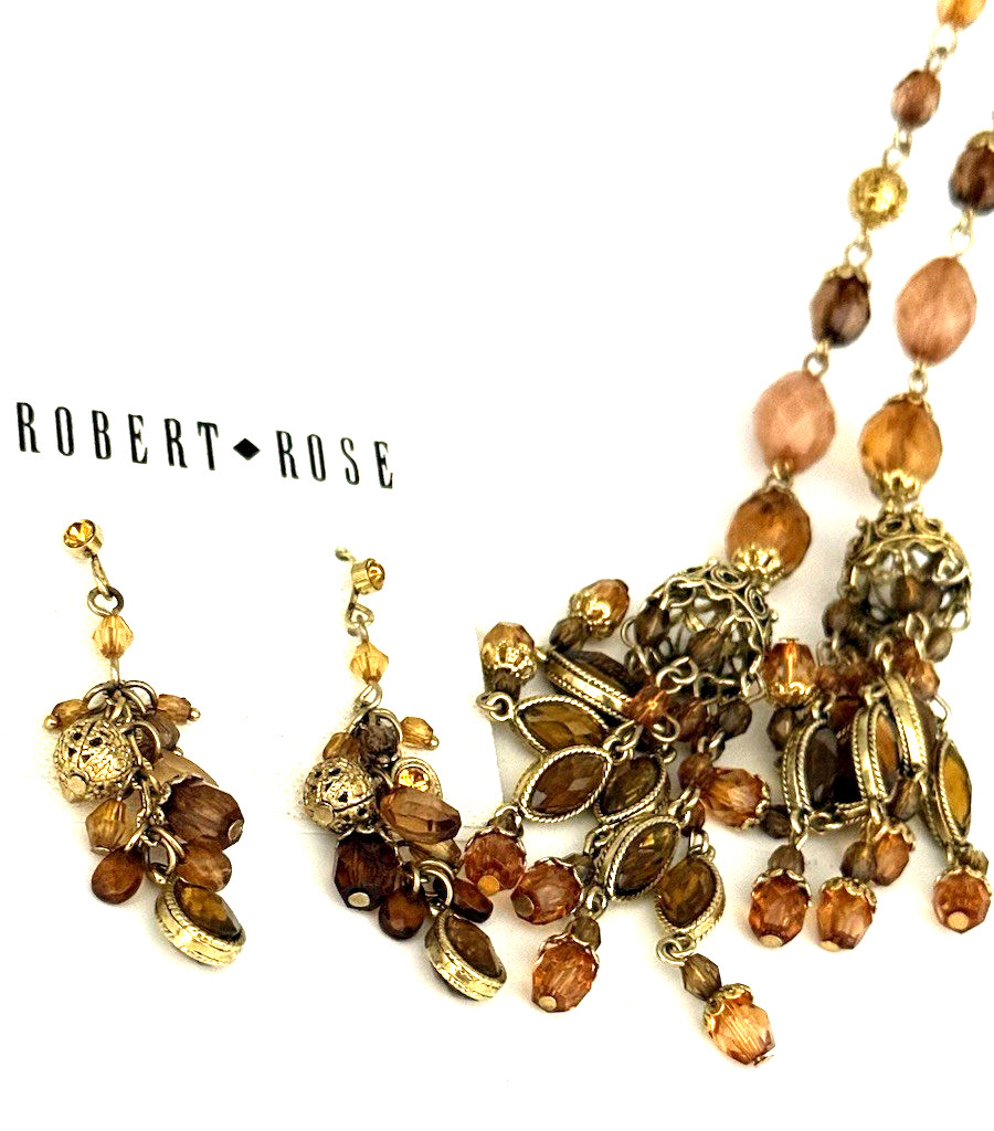 Vintage Robert Rose Gold Tone Amber Honey Beaded Lariat Style Pendant Necklace