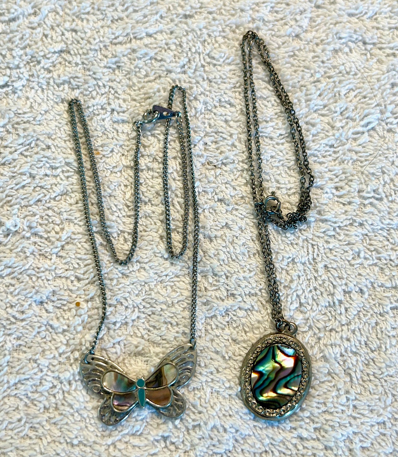 Vintage Butterfly and Oval necklace pair, Abalone Inlaid, Silver Tone, 16″