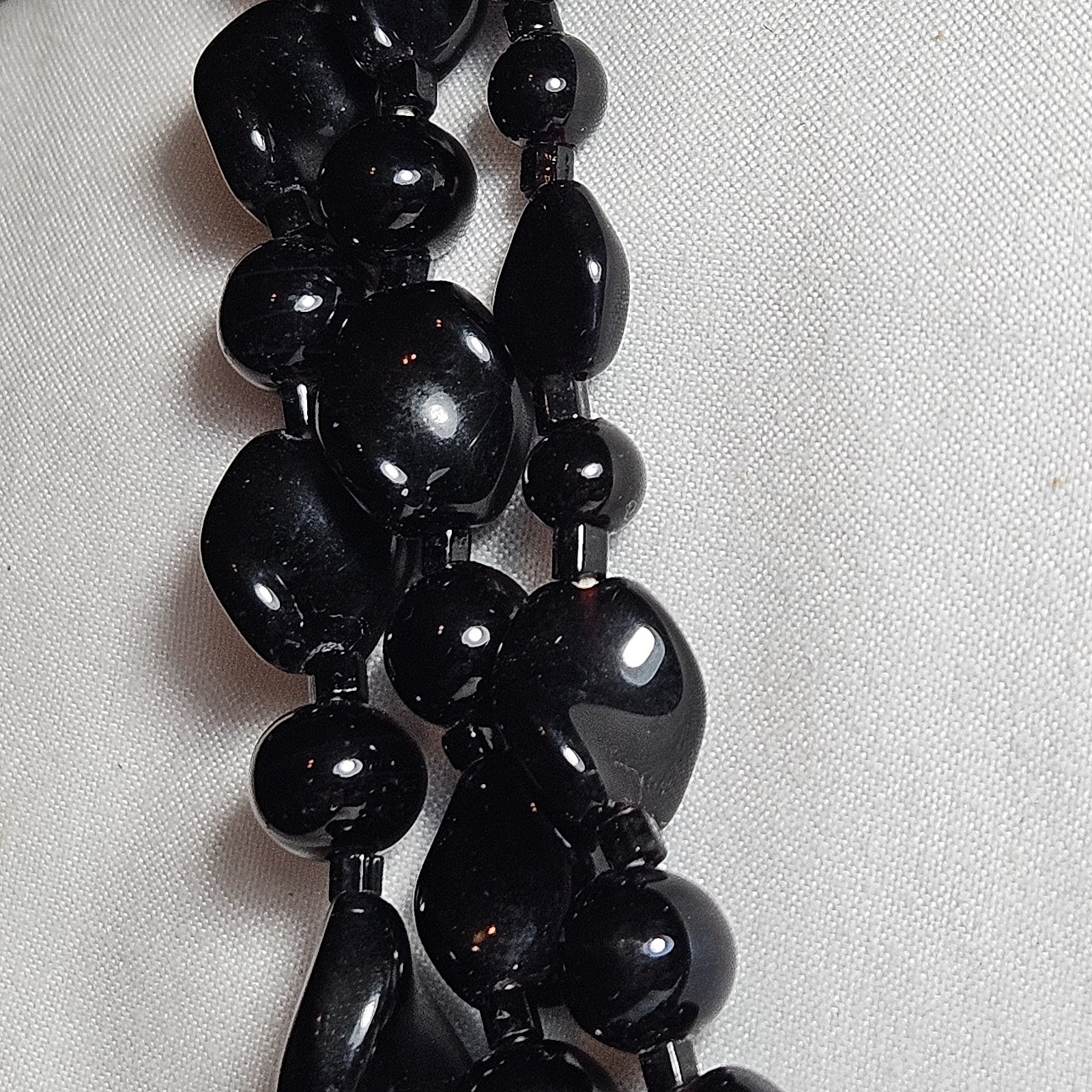 Japan Retro Vintage Necklace Black 3 Strand Glass Beads Metal Hook Clasp