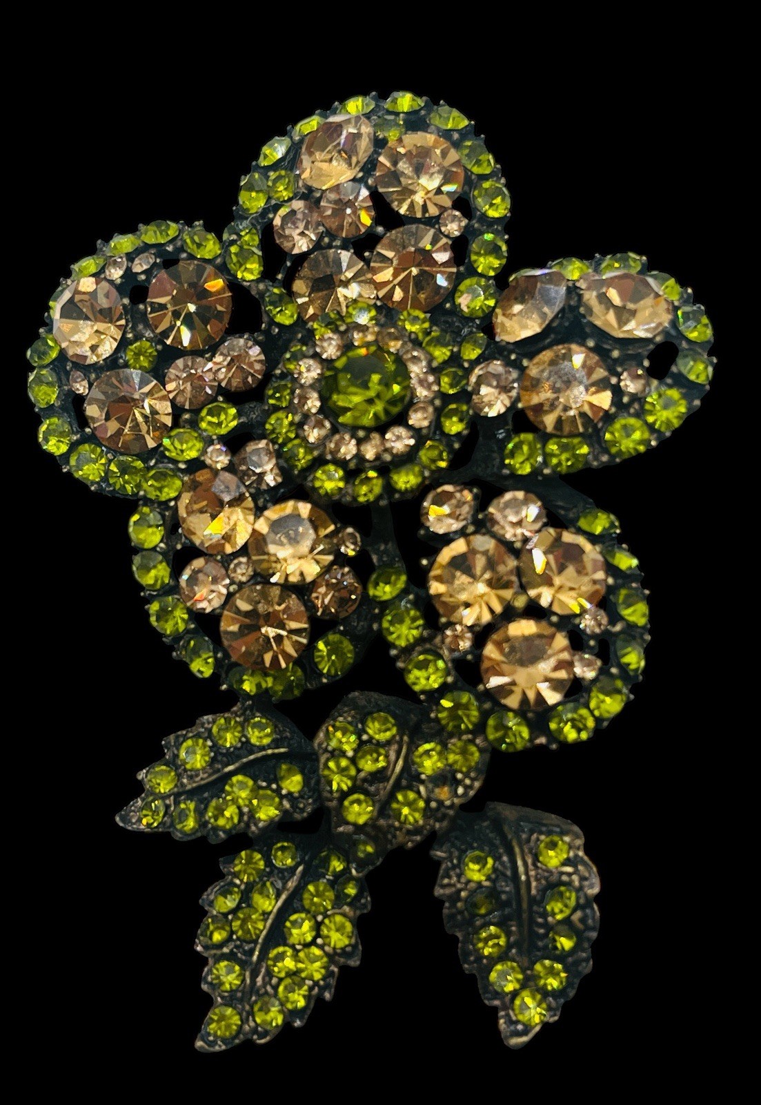 Vintage 1980’s Champagne & Olivine Glam Large Flower Glass Rhinestone Brooch