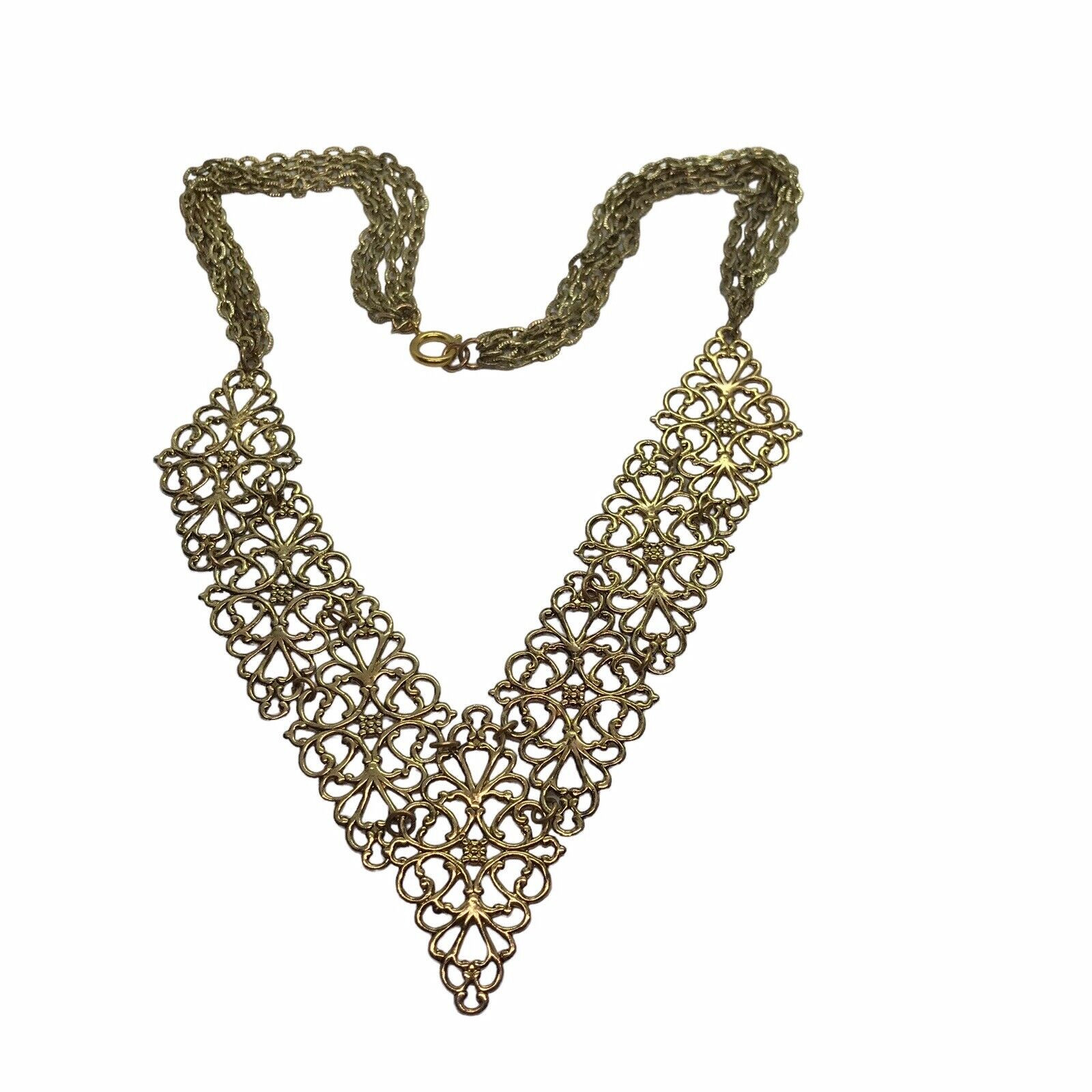 Vintage Necklace filigree Panels Gold Tone Chains Mod Retro Metal