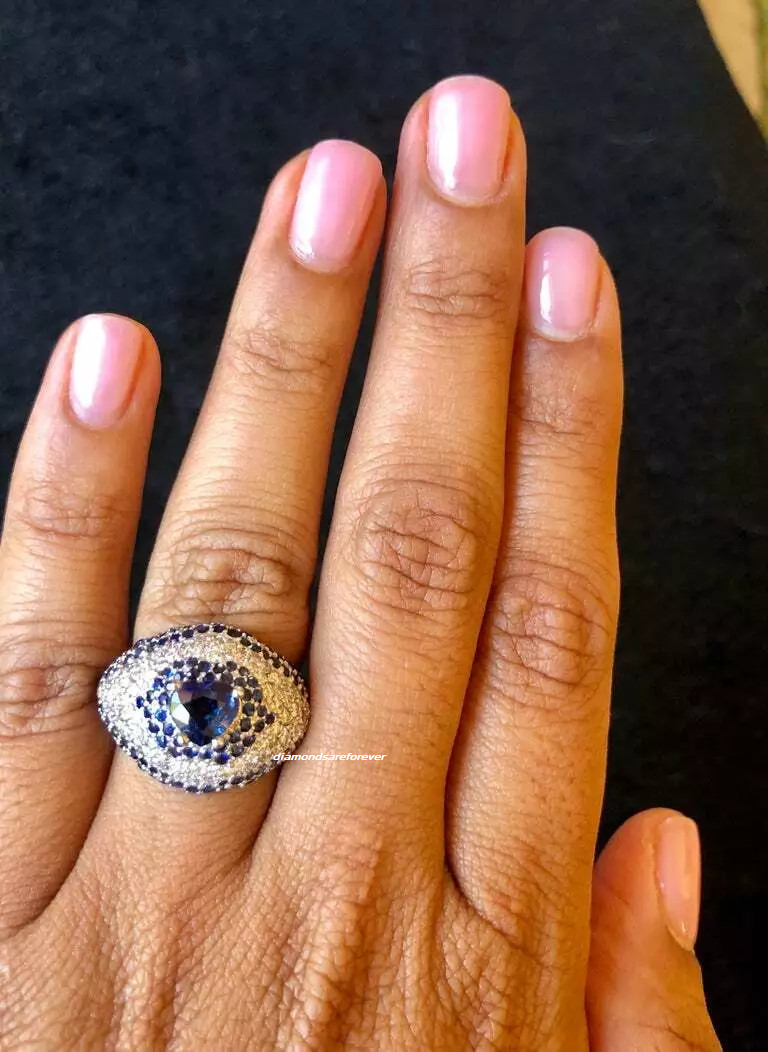 Heart & Round Cut 4.17CT Blue Sapphire With 1.03CT Pave White CZ Promise Ring