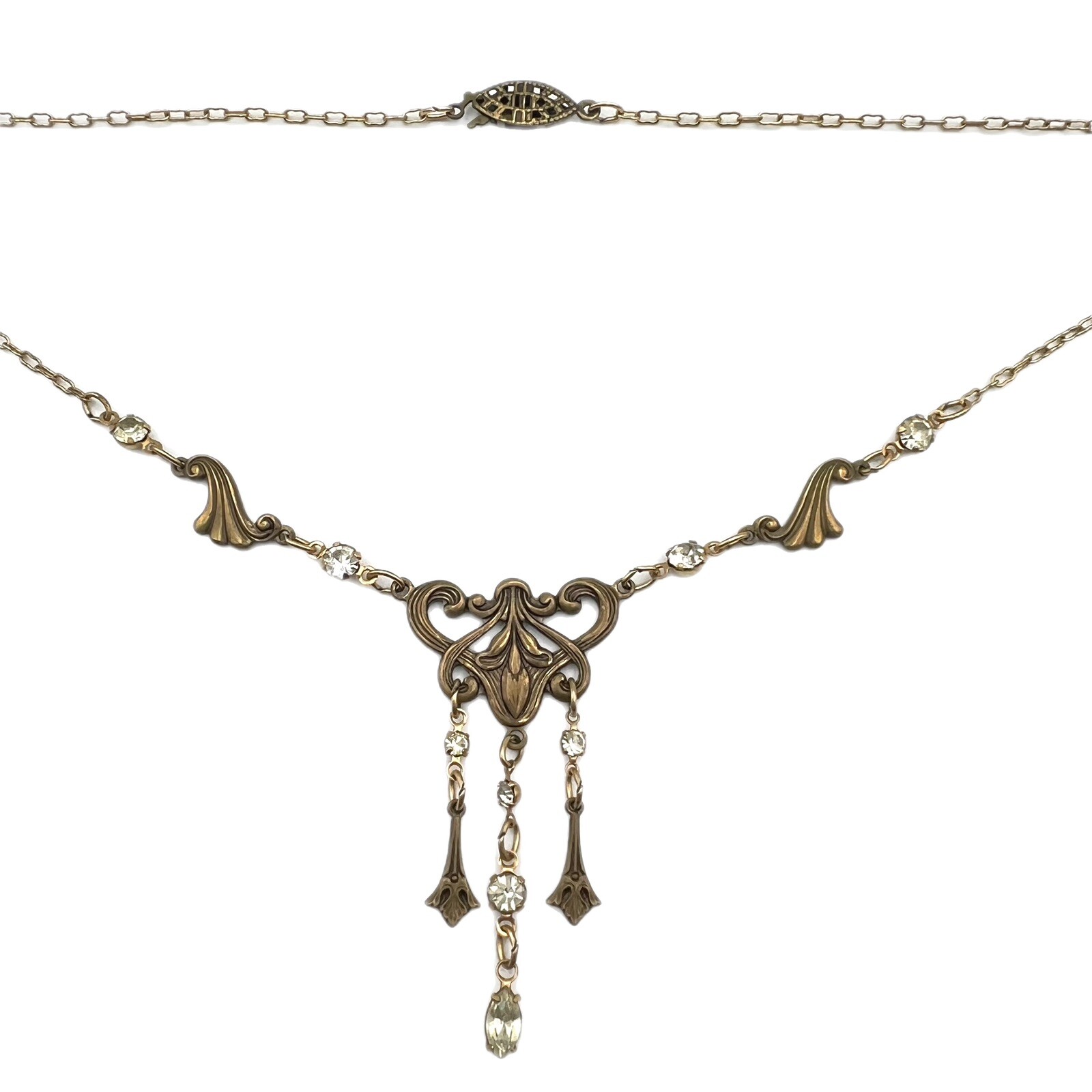 Vintage Sadie Green Dangle Drop Rhinestone Chandelier Chain Necklace Gold Tone