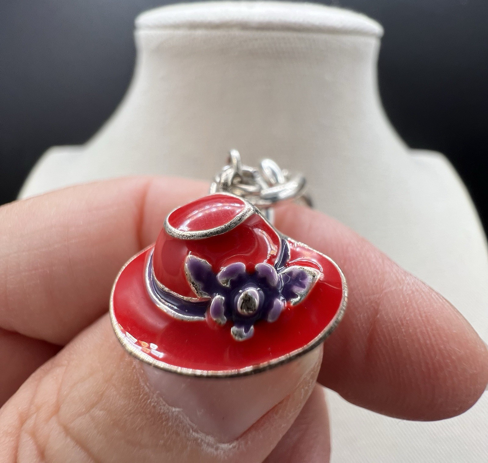Vintage Enamel Charm Bracelet Purse Hat High Heel Shoes Silver Tone Fashion