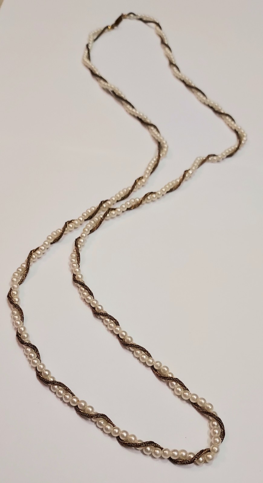 Miriam Haskell Vintage Necklace Faux Pearl Wheat Chain Bronze Tone Signed 34″