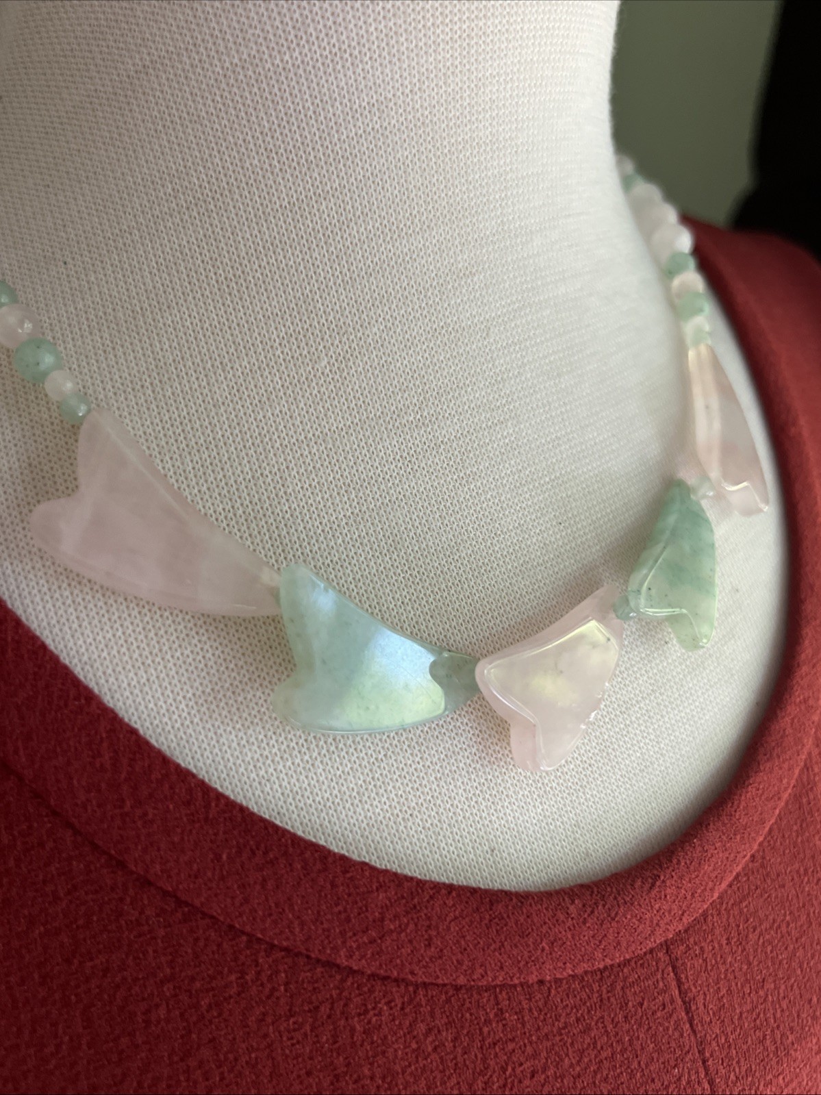 Beautiful Gemstone Pink & Green Beaded Heart Shaped Pendant 24” Necklace