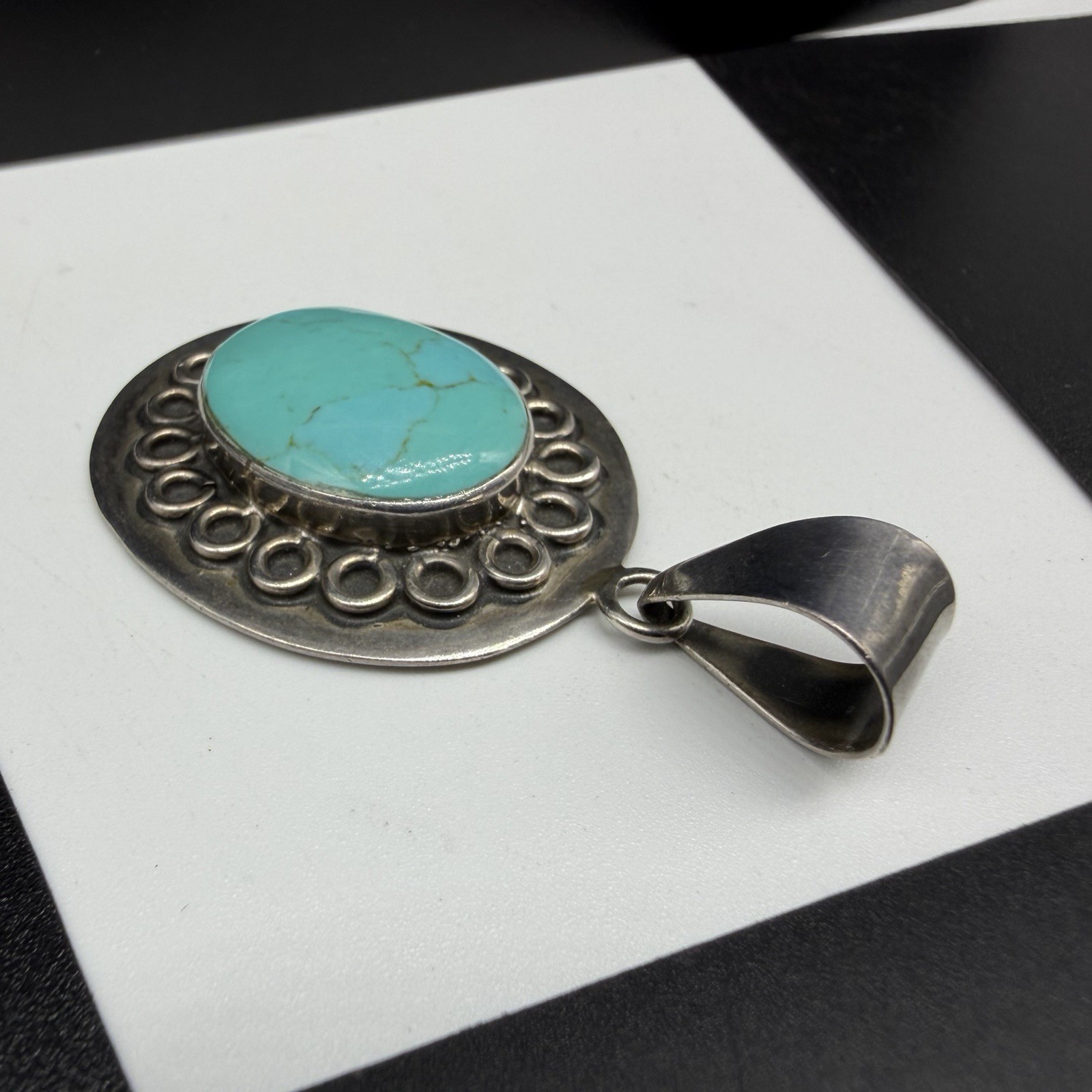 Vintage Taxco TL-83 Sterling Silver 2.25″ Drop Oval Turquoise Pendant Mex 17.2g