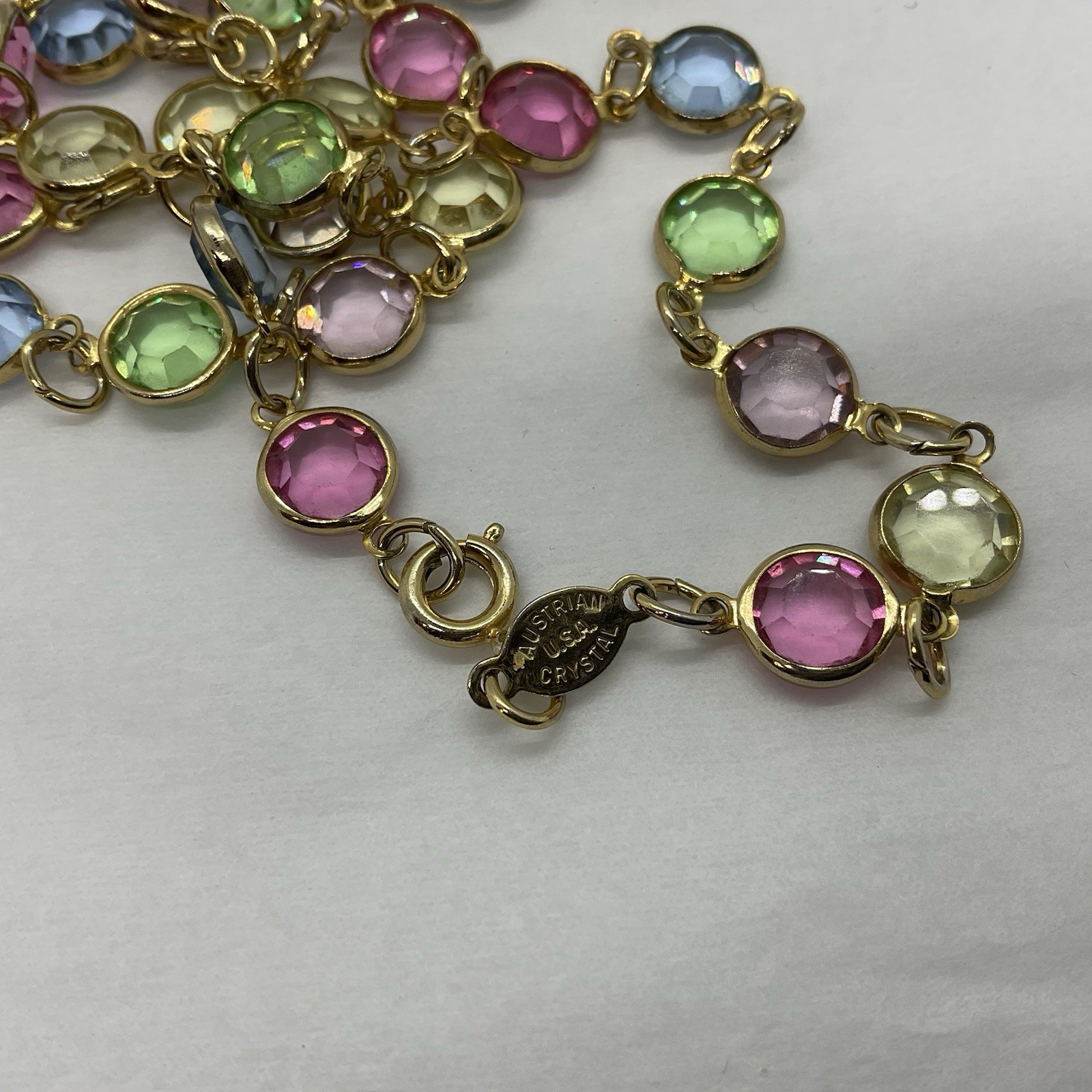 Austrian Crystal USA Tone Bezel Necklace, Multicolor Pastel Crystal 14 Inch