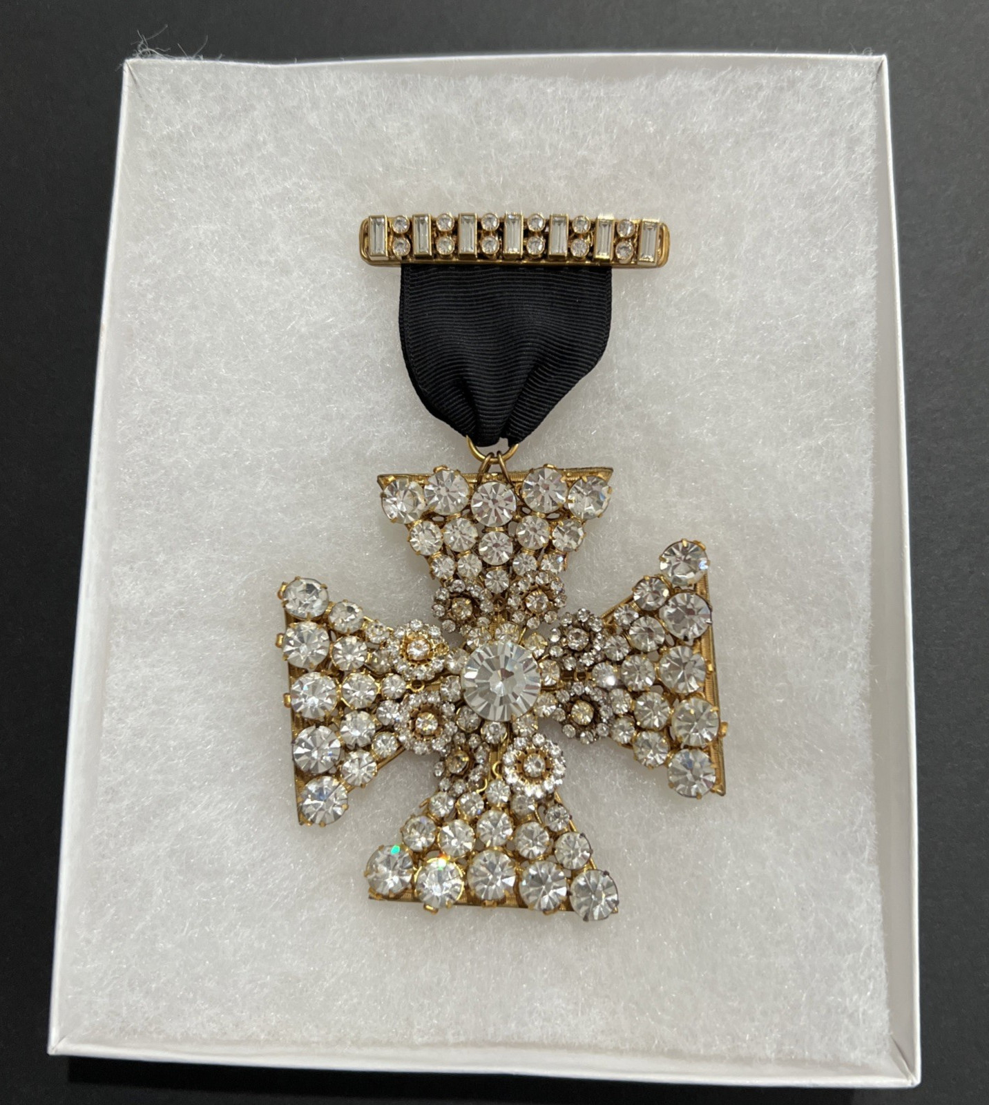 VTG. SIGNED MIRIAM HASKELL RHINESTONE MALTESE CROSS on RIBBON & CROSS BAR BROOCH
