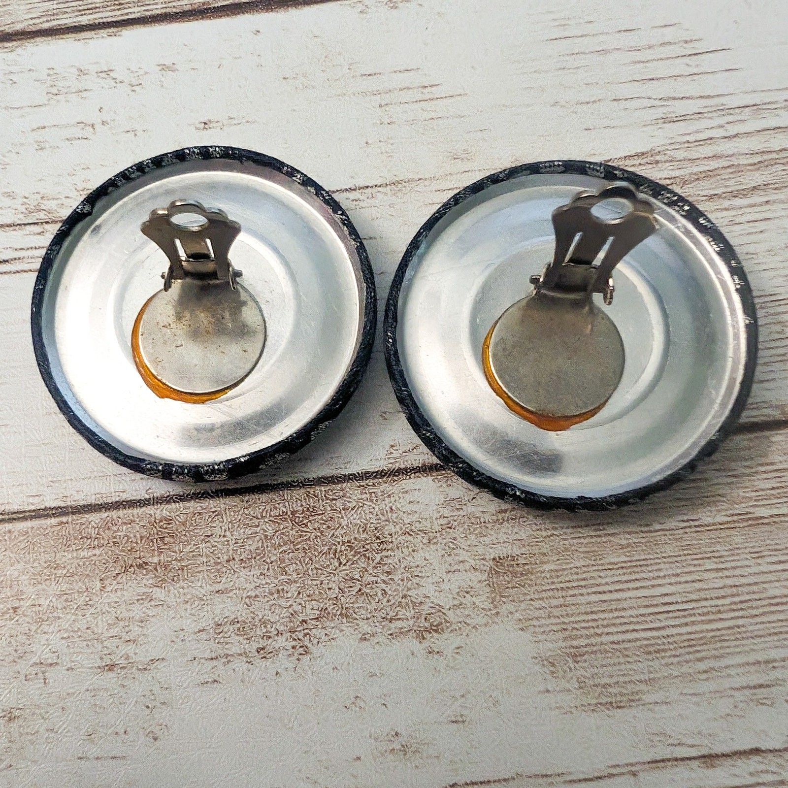 Vintage Clip On Earrings – Large Black with Silver Tone Design