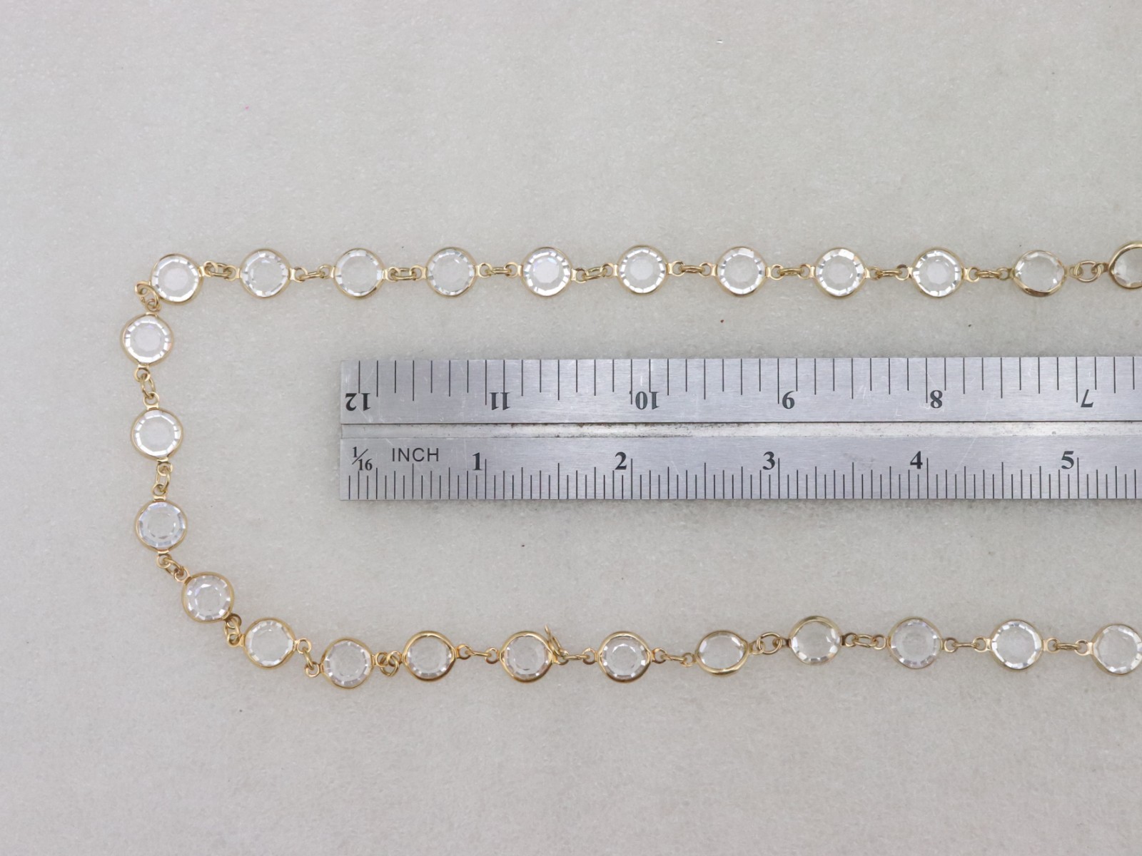 34″ Long 9mm Clear Crystal Bezel Rhinestone Necklace Signed AUSTRIAN USA Gold Tn