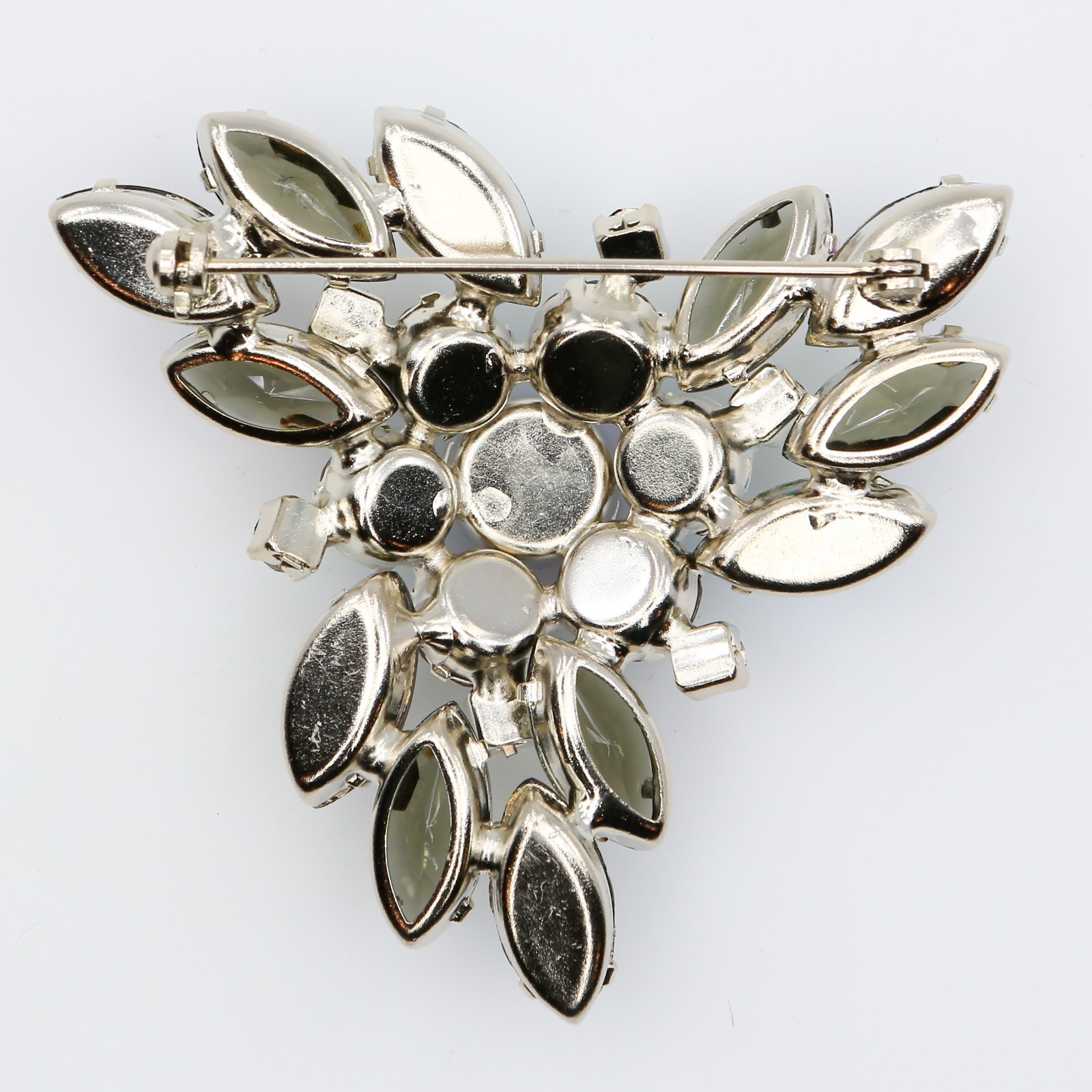 Vintage Smoky Gray Red AB Rhinestone Brooch and Clip-On Earrings Set 1950s
