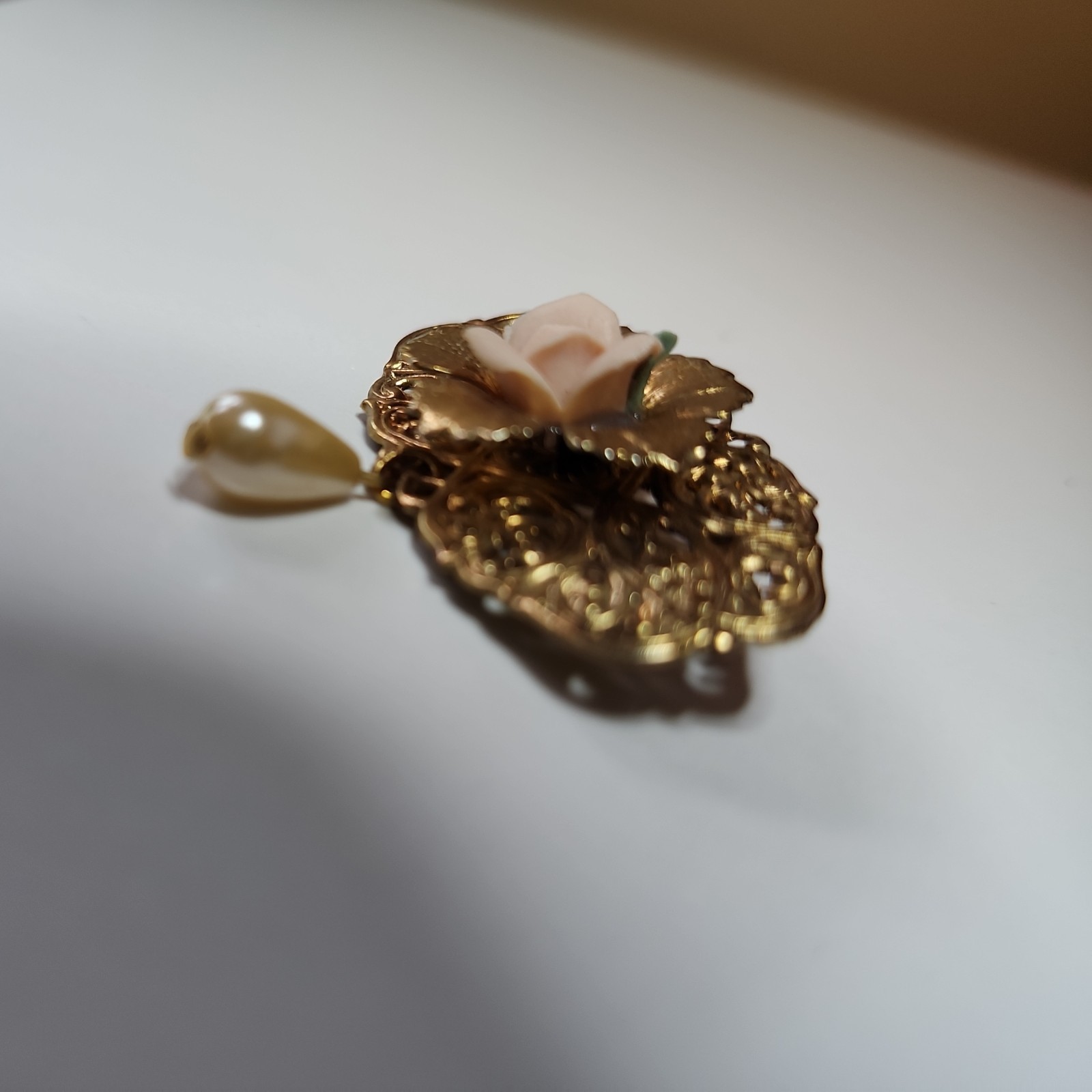 Vintage Brooch Gold Tone Floral Dangle Faux Pearl With Enameled Rose Filigree