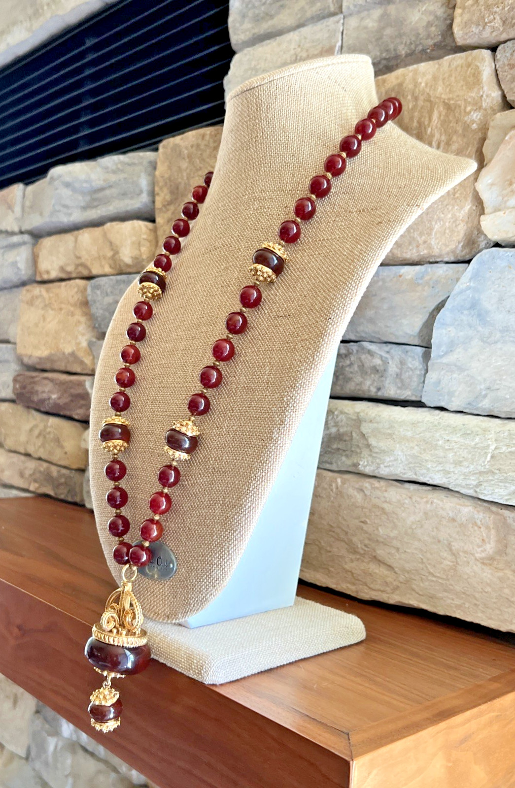 VTG SIGNED KENNETH LANE CARNELIAN RED AMBER GLASS BEAD PENDANT NECKLACE RARE 33″