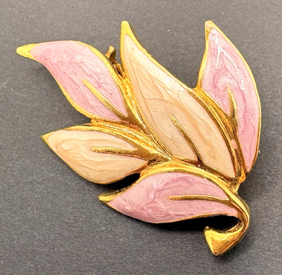 Vintage Pink & Cream Enamel Leaf Spray Brooch Gold Tone Edges Nature Glam