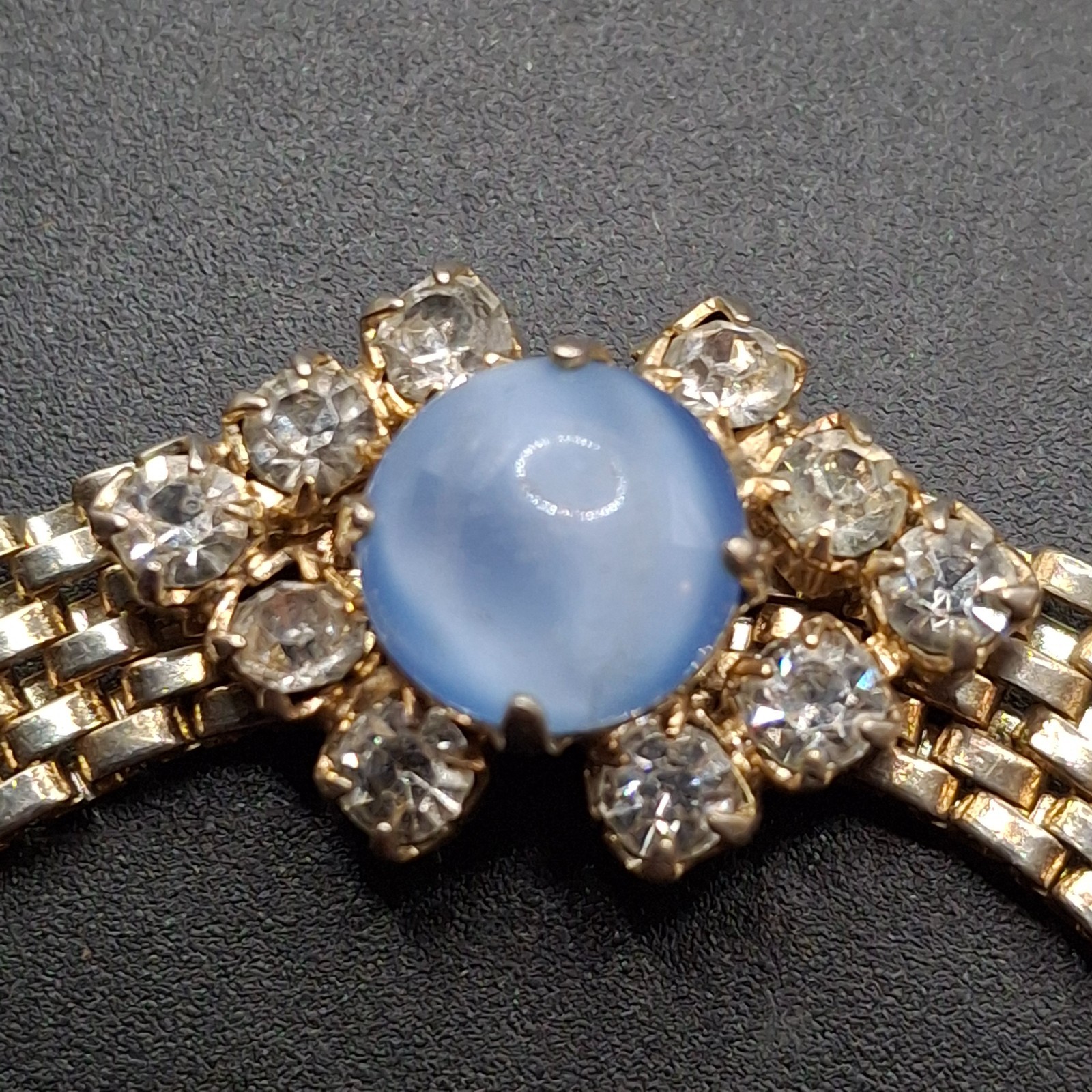 Vintage Gold Tone Mesh Bracelet Blue Moonstone Faux Cabochon Repair As Is Retro