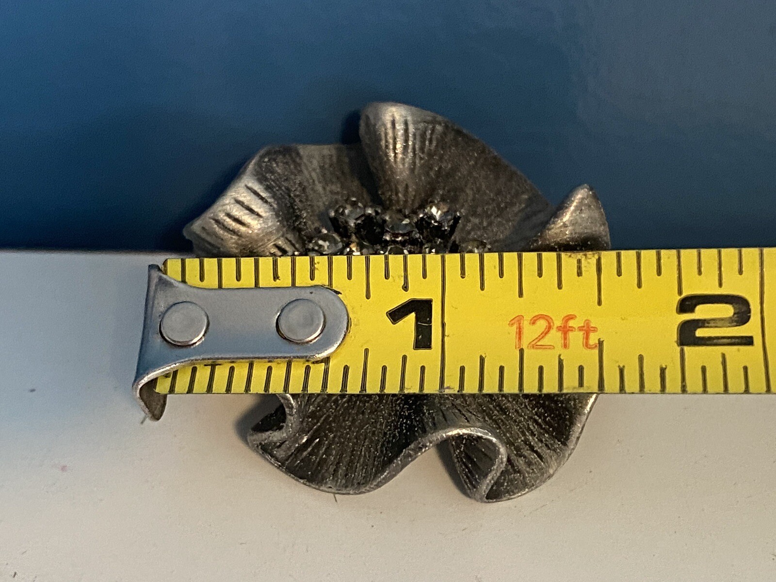 Flower Brooch Pewter Smoked Rhinestone Center 1.75” Wide Textured or Pendant