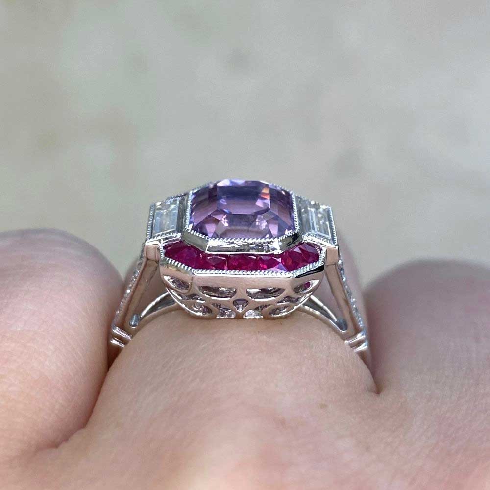 Art Deco Style 4Ct Lab Created Pink Sapphire Engagement 14K White Gold FN Ring