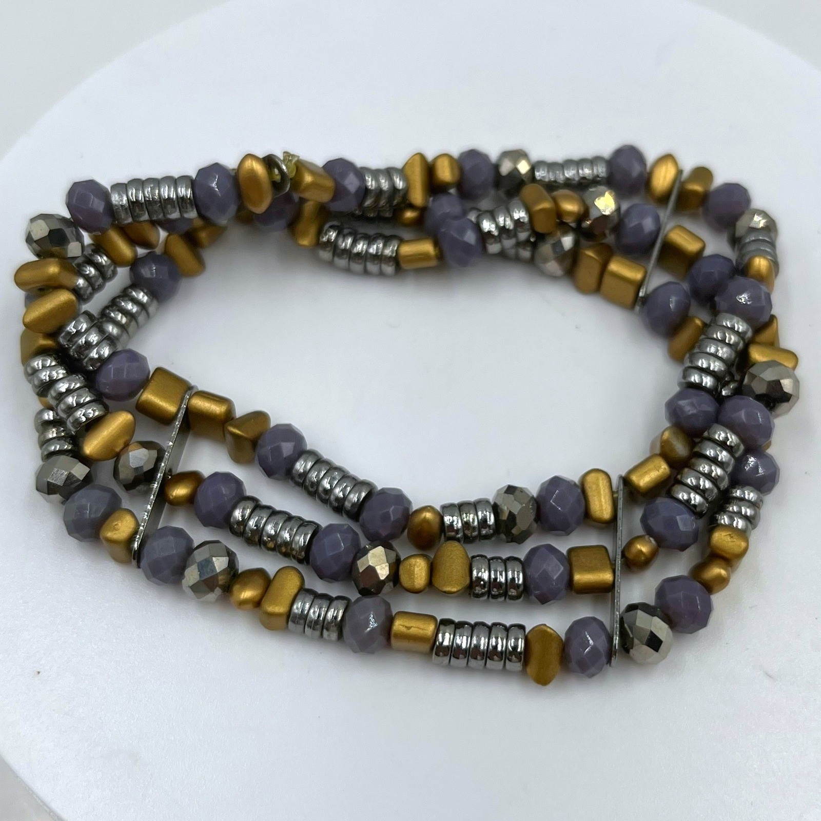 Vintage Multi Strand Beaded Bracelet Gray Faceted Beads Gold Silver Tone Wrap