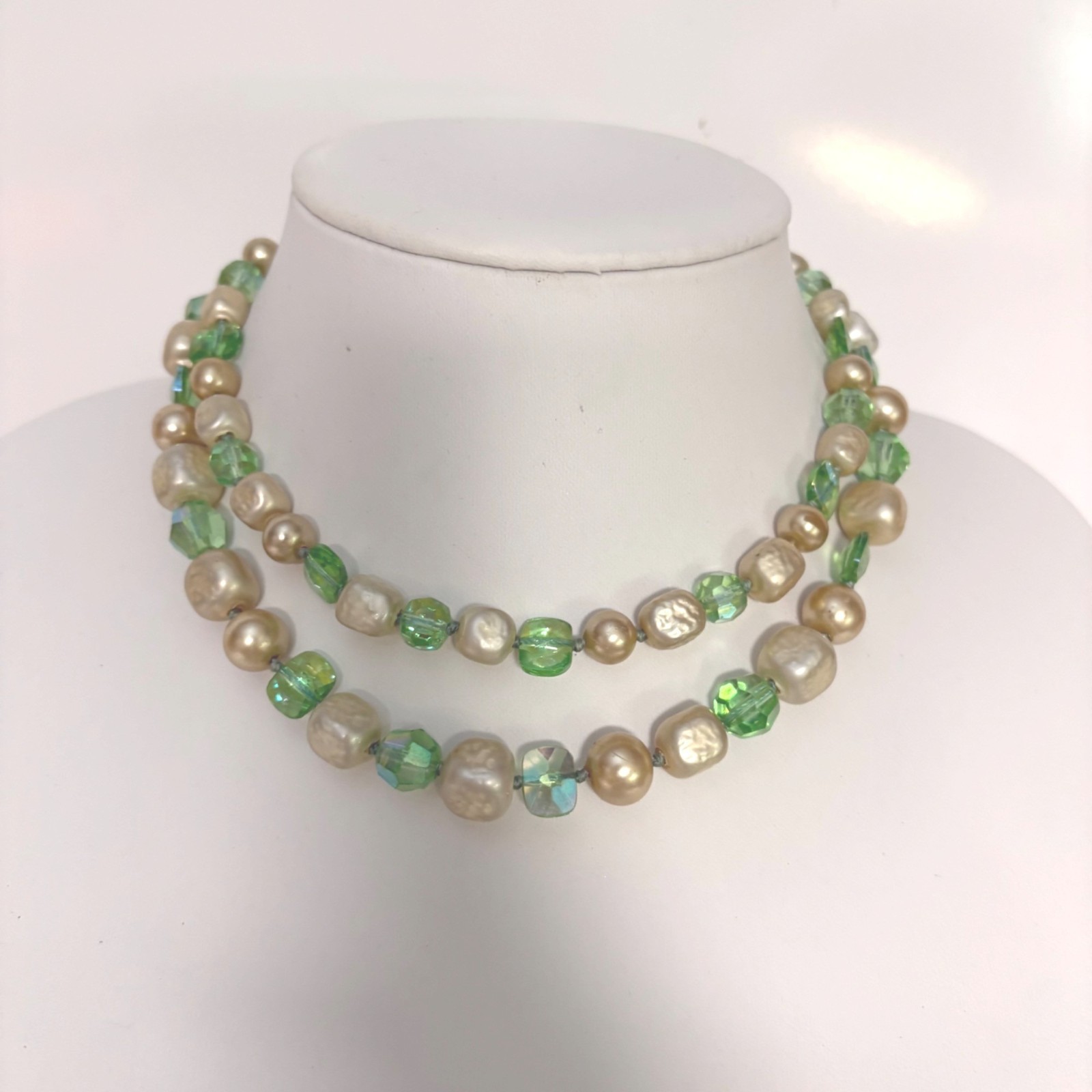 Vintage Double-Strand Necklace with Green and Faux Pearl Beads Hook Clasp