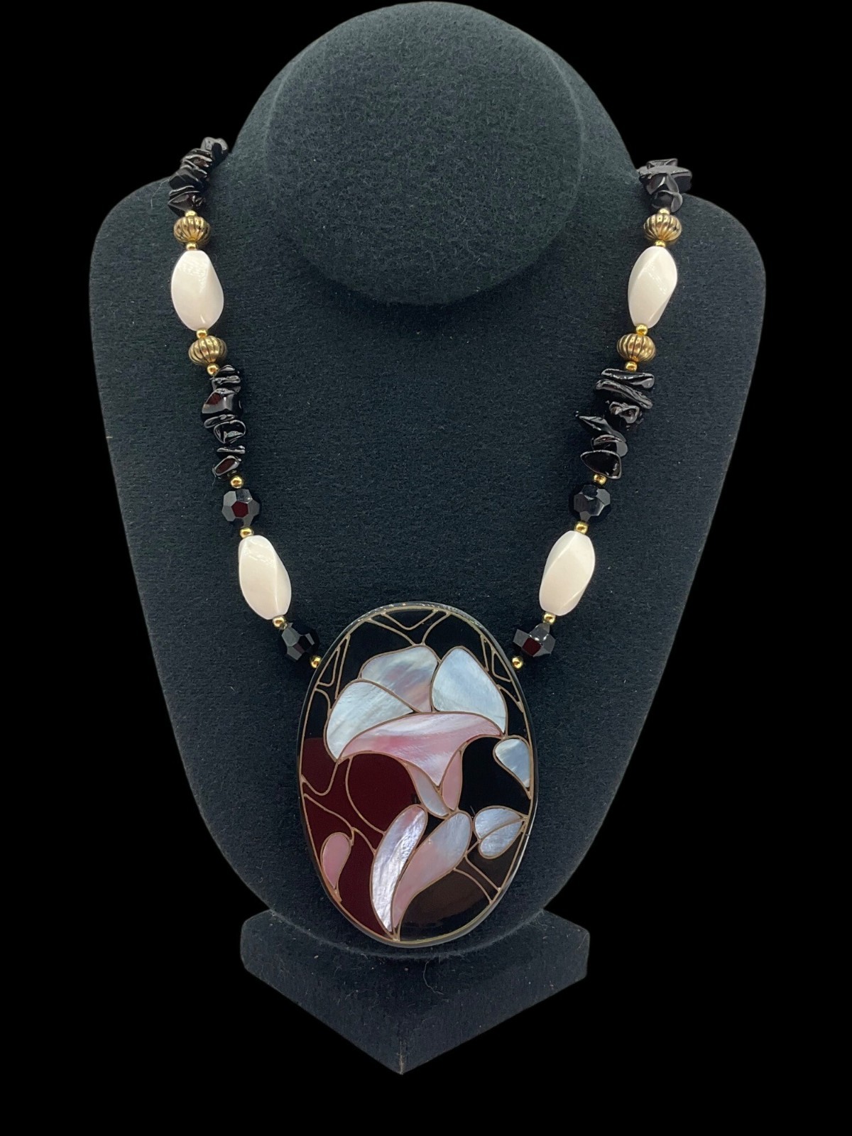 Vintage 70’s Lee Sands Artisan Calla Lily Flower Mother Of Pearl Inlay Necklace