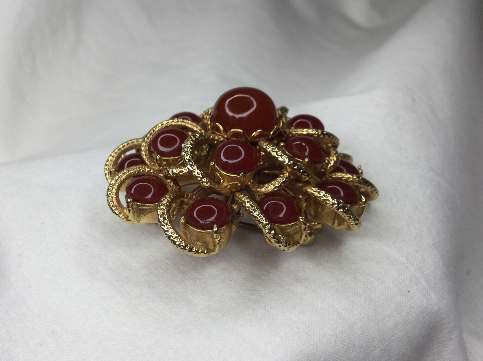 Vintage Sunburst Flower Swirl Brooch Pin Carnelian Goldtone 2” Multi Stone Retro