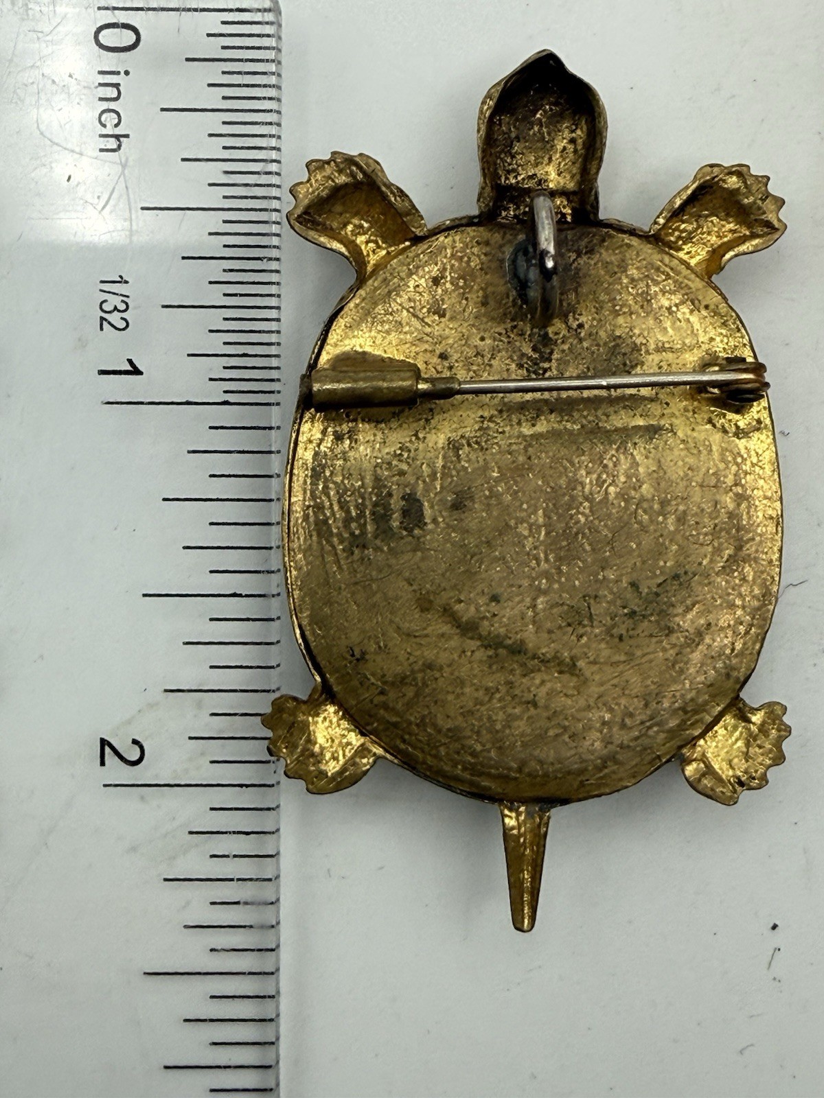 Antique Brass Turtle Brooch Pendant 1900s Green Glass Stone Trombone Clasp J80