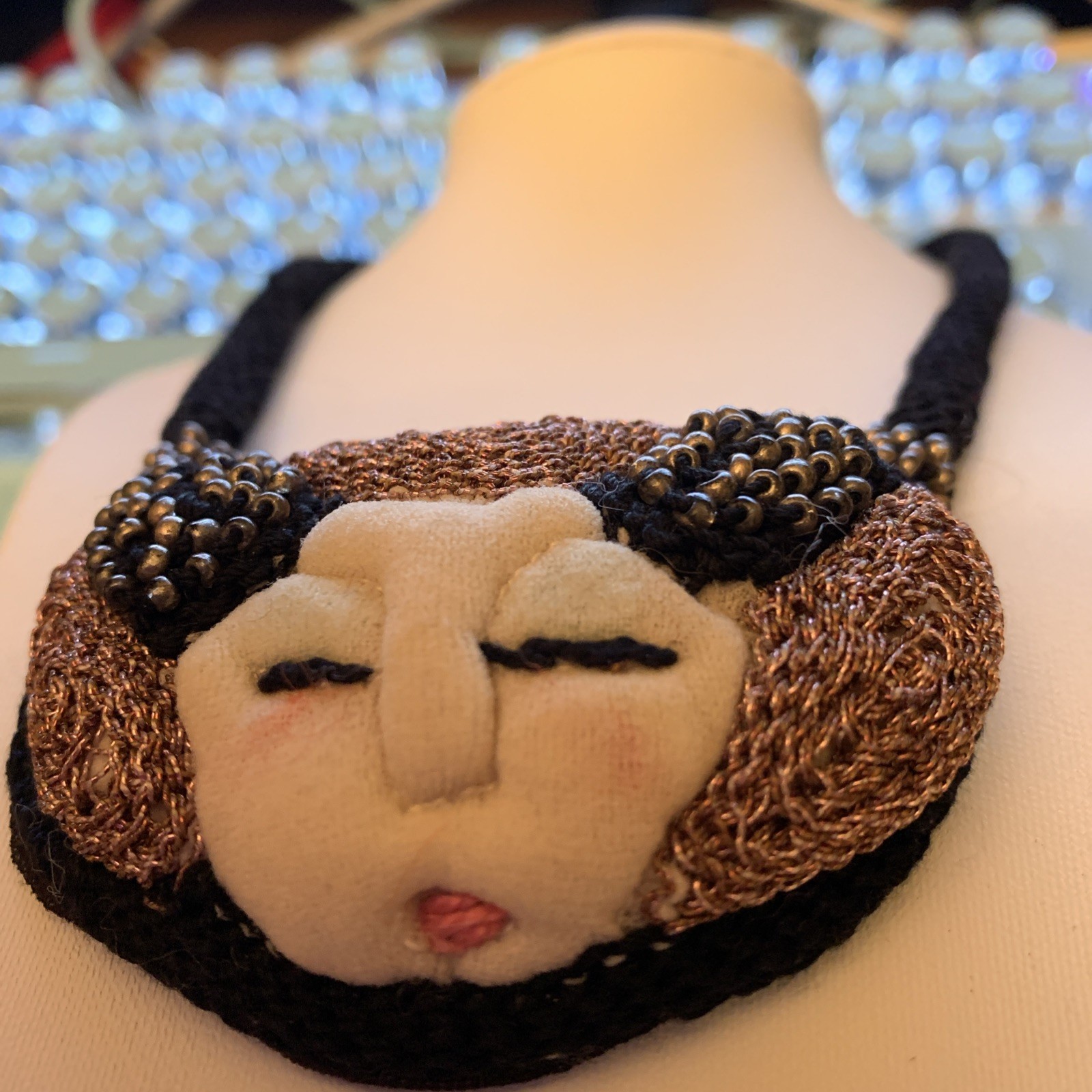 Art Deco Style Beaded Fiber Portrait Necklace Oriental Asian