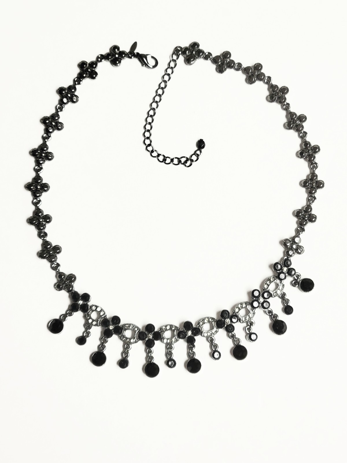 Vtg Avon 16″ Gunmetal and Multicolor Rhinestone Choker Necklace with 3″ Extender