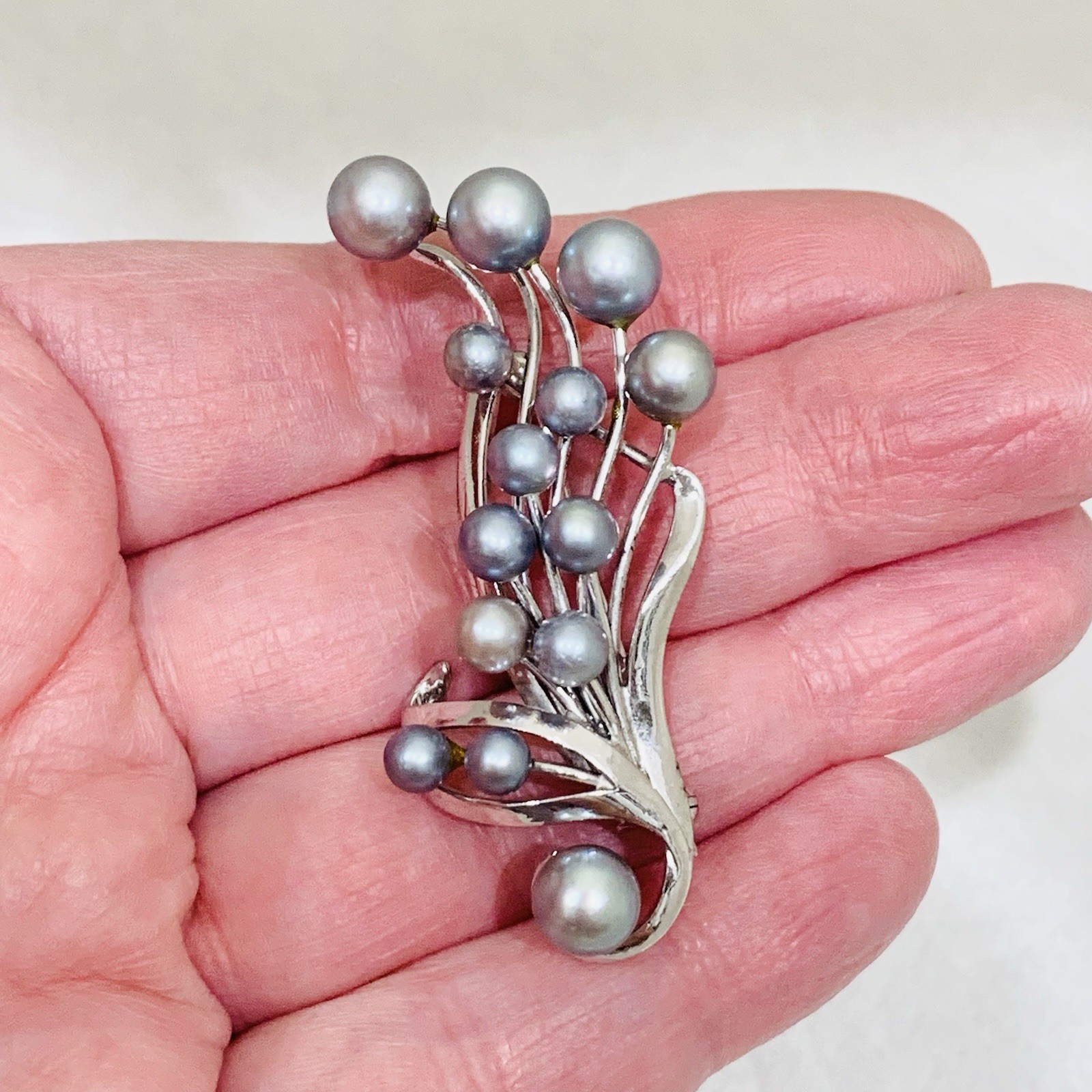 VTG BLUE AKOYA PEARL Necklace SET 10k WG 7mm Baroque Saltwater Pin 3″ SILVER 19″